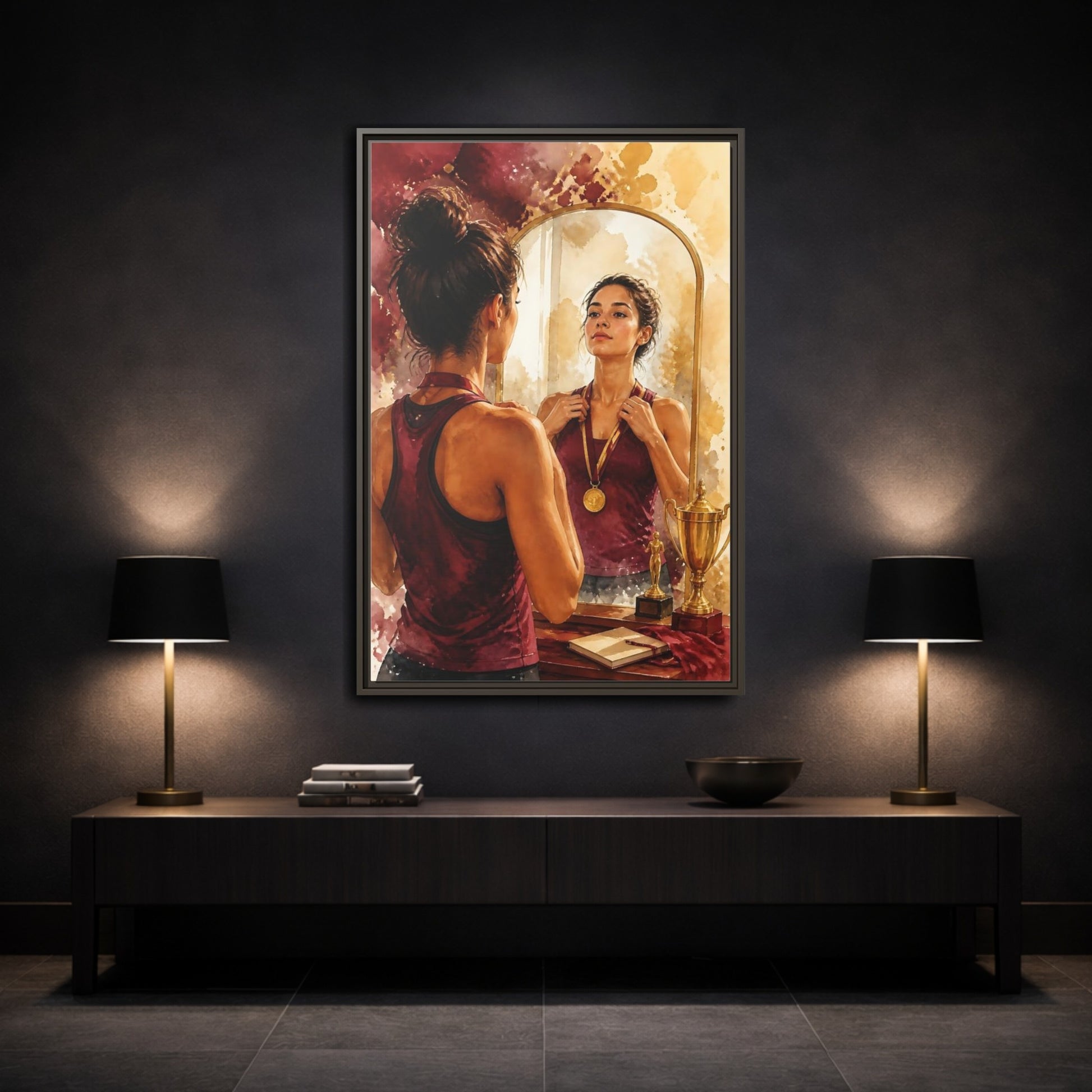 Mockup 3. Athlete In The Mirror shown as framed canvas print