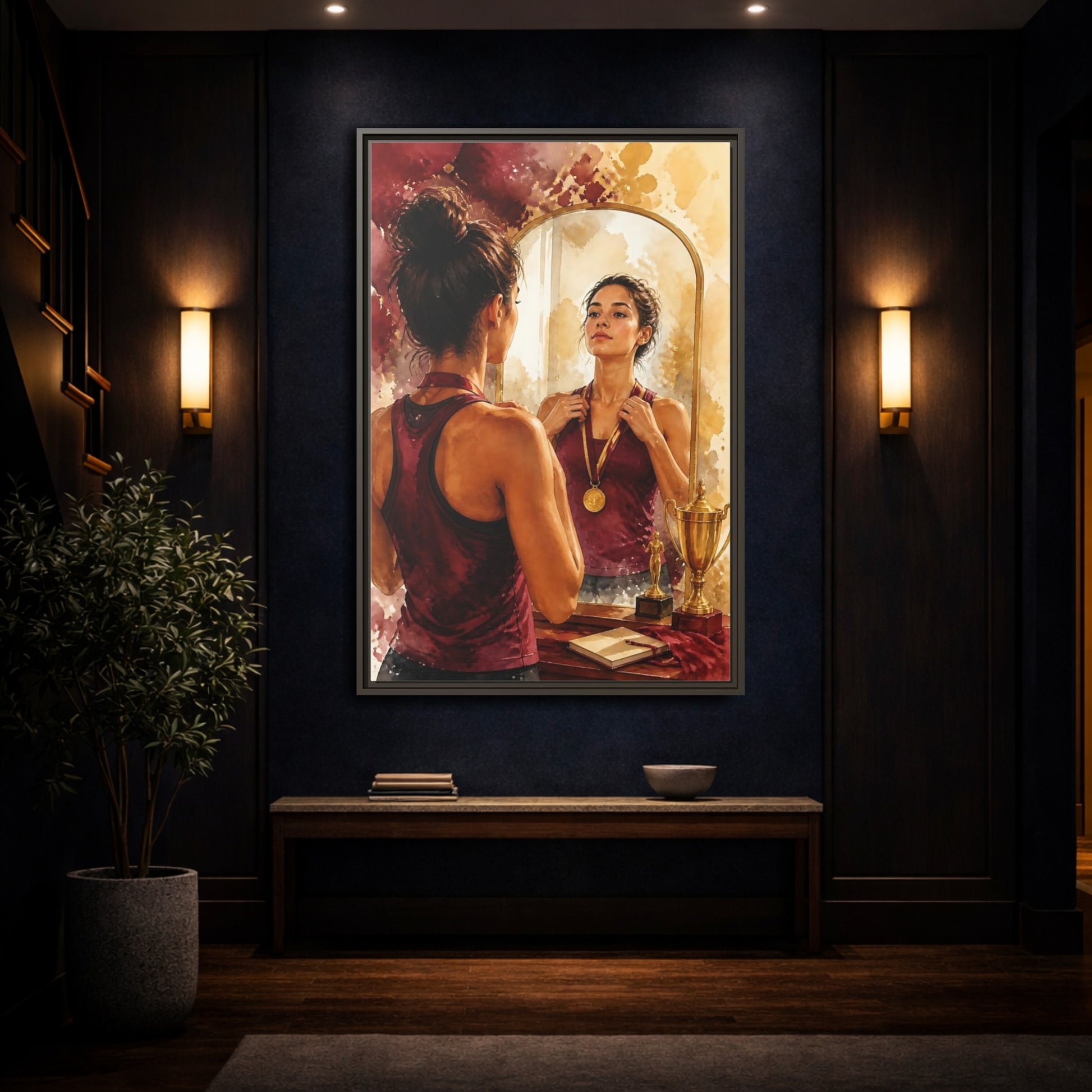 Mockup 4. Athlete In The Mirror shown as framed canvas print