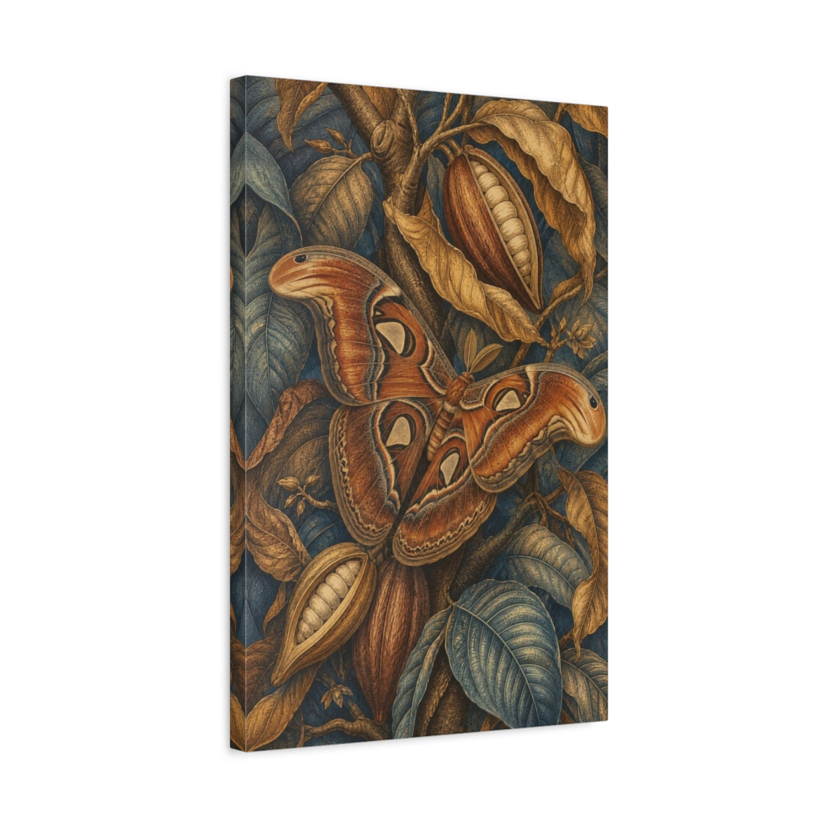 Side Mockup 3. Atlas Moth And Cacao Pods shown as canvas print