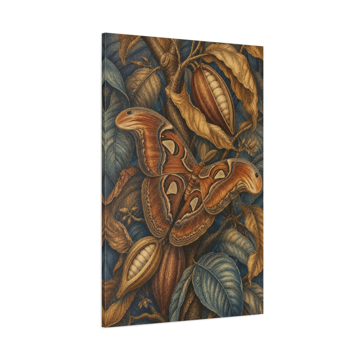 Side Mockup 1. Atlas Moth And Cacao Pods shown as canvas print