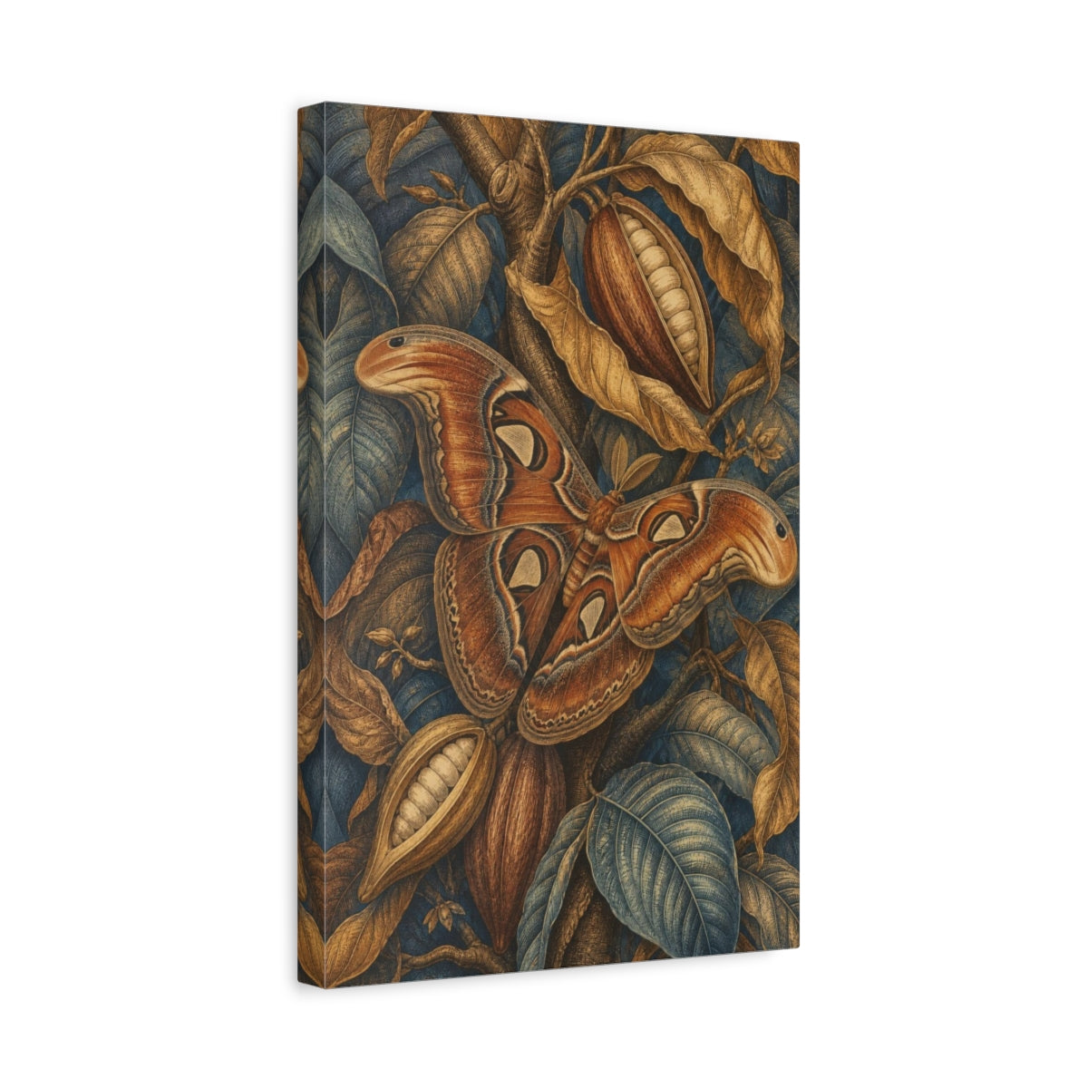 Side Mockup 4. Atlas Moth And Cacao Pods shown as canvas print