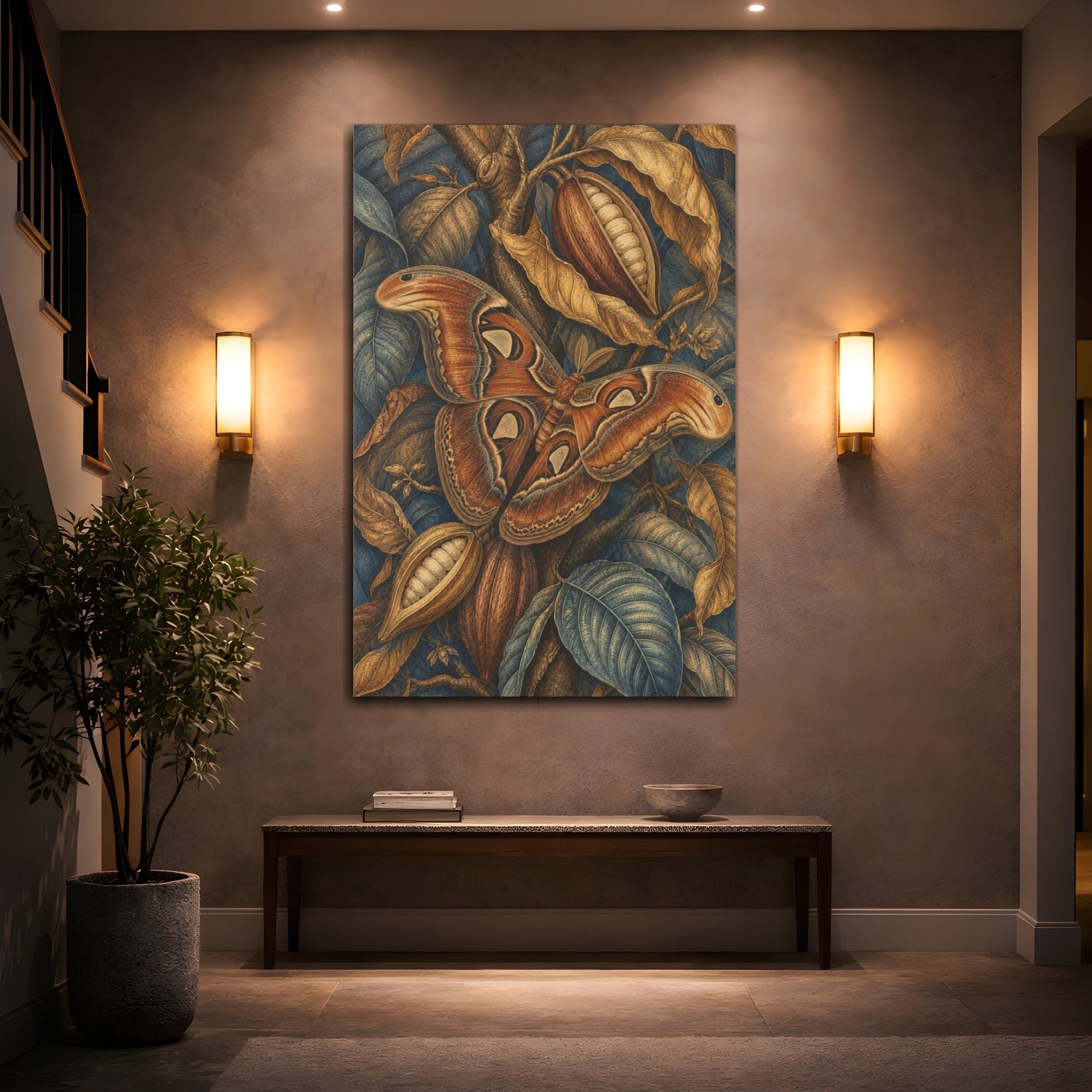 Mockup 2. Atlas Moth And Cacao Pods shown as canvas print