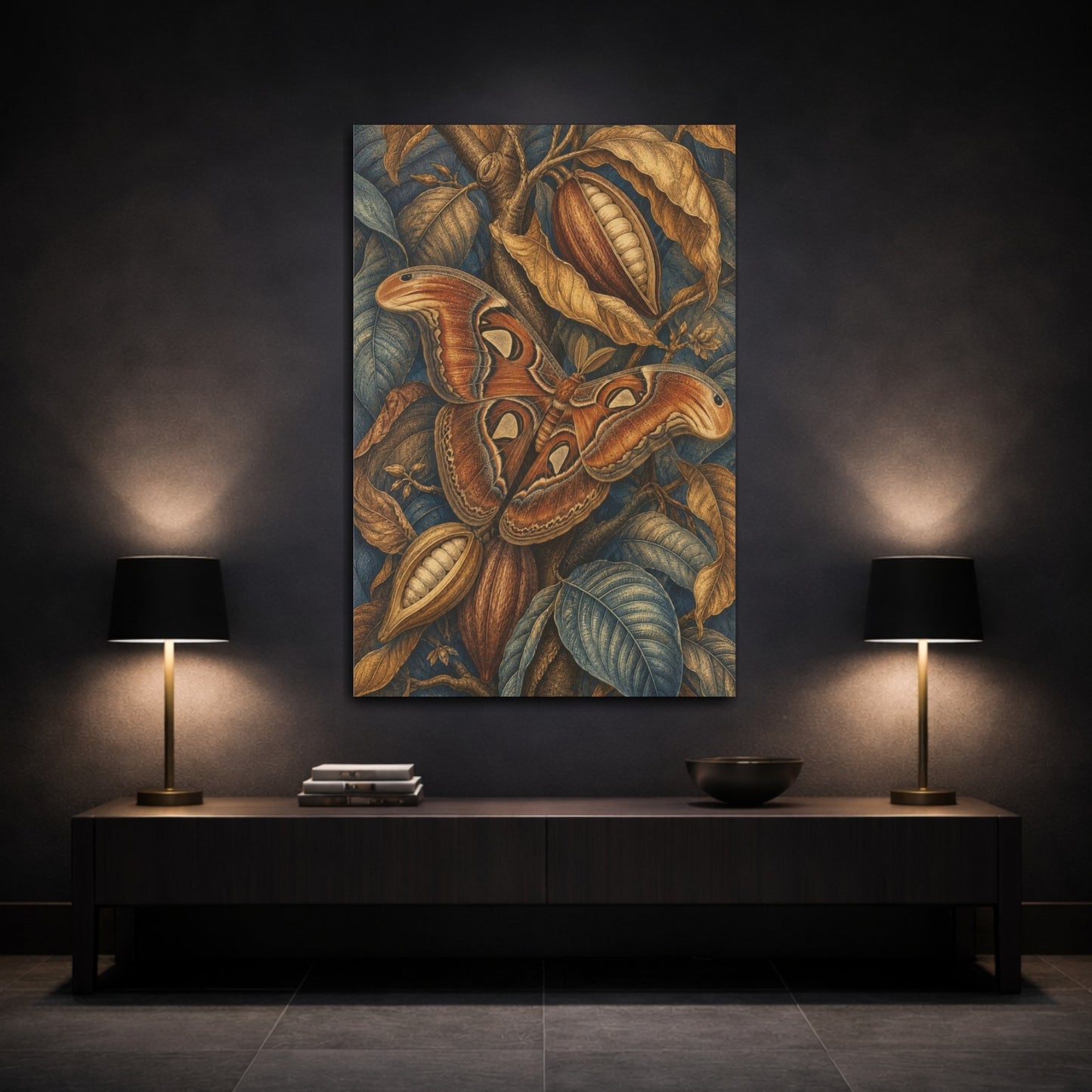 Mockup 3. Atlas Moth And Cacao Pods shown as canvas print