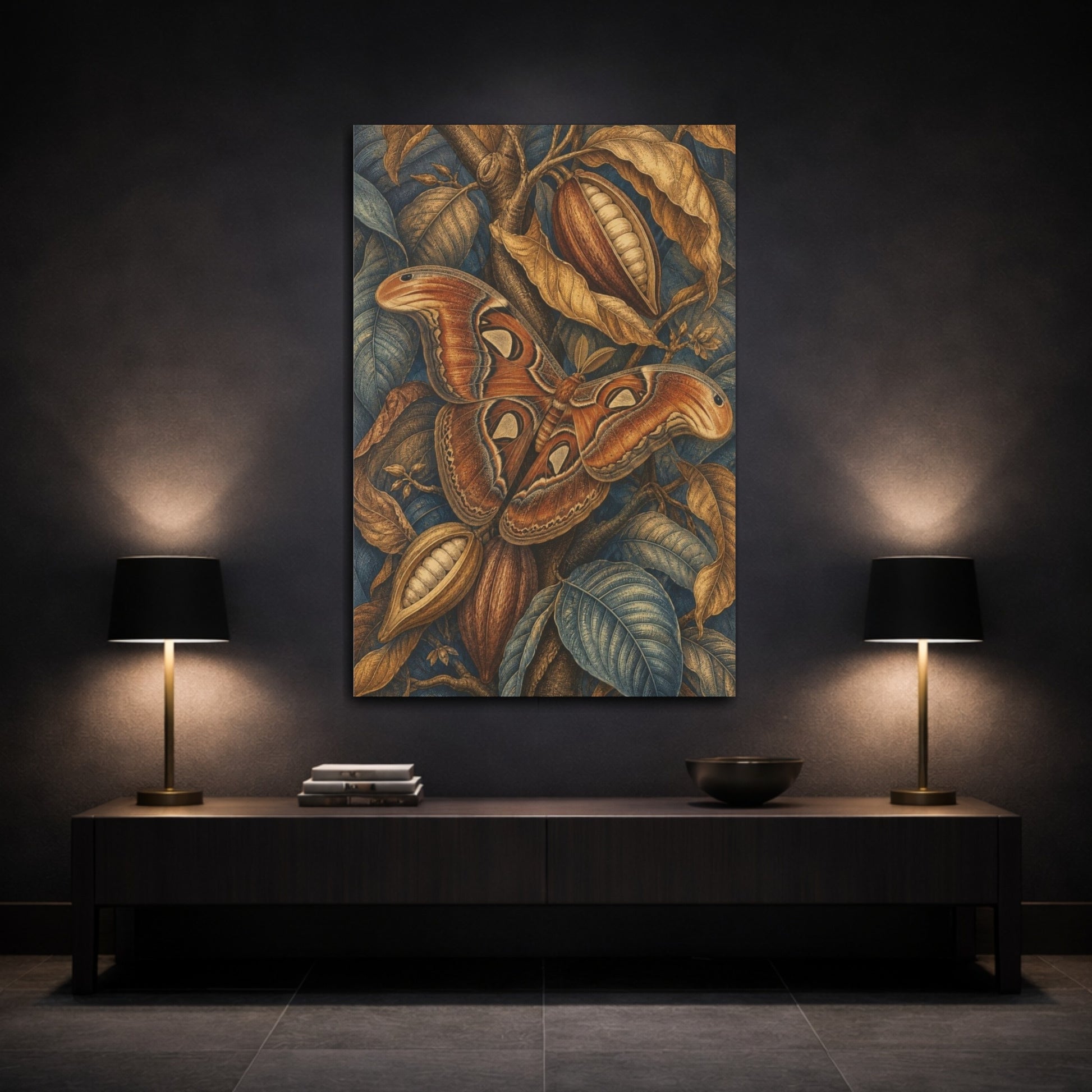 Mockup 3. Atlas Moth And Cacao Pods shown as canvas print