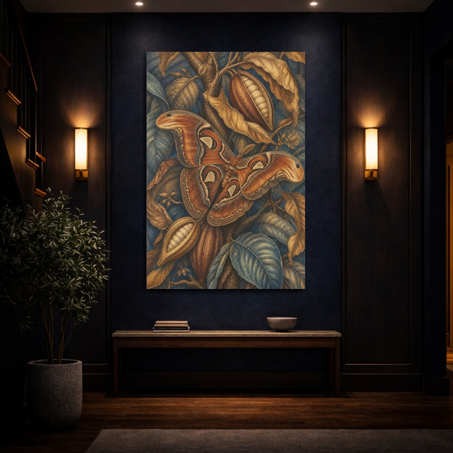 Mockup 4. Atlas Moth And Cacao Pods shown as canvas print