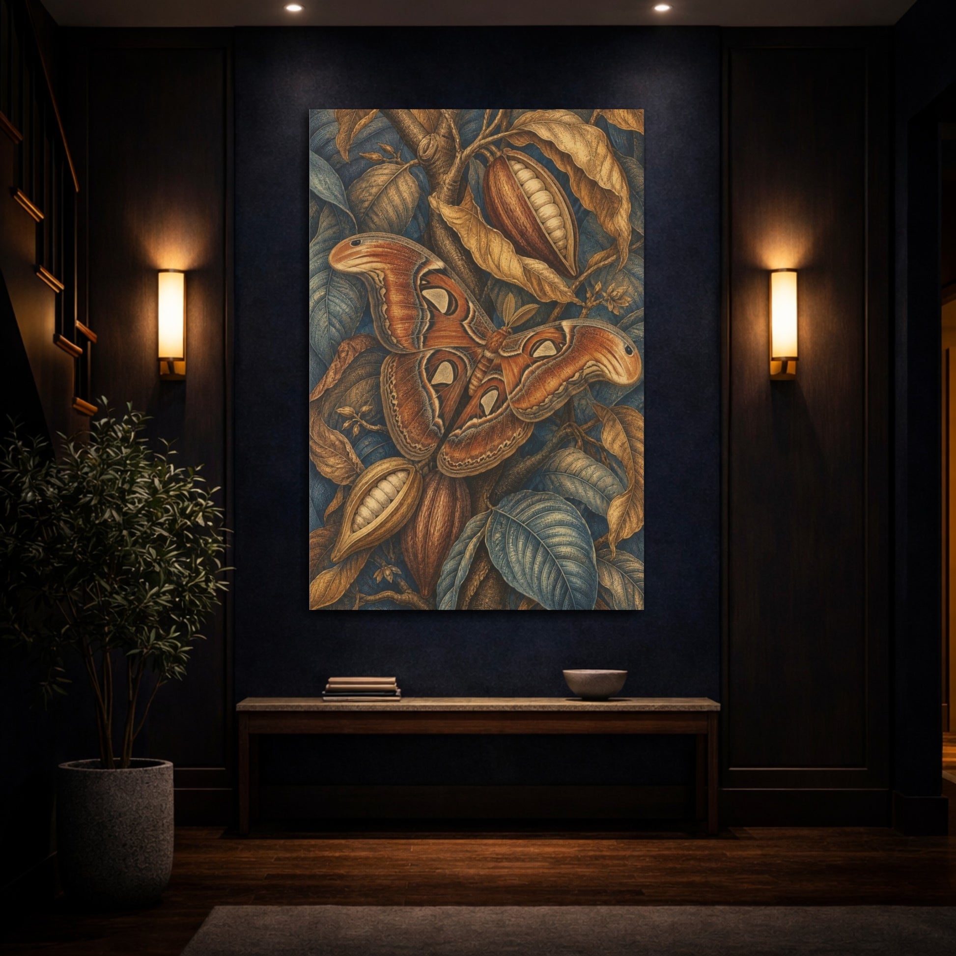 Mockup 4. Atlas Moth And Cacao Pods shown as canvas print