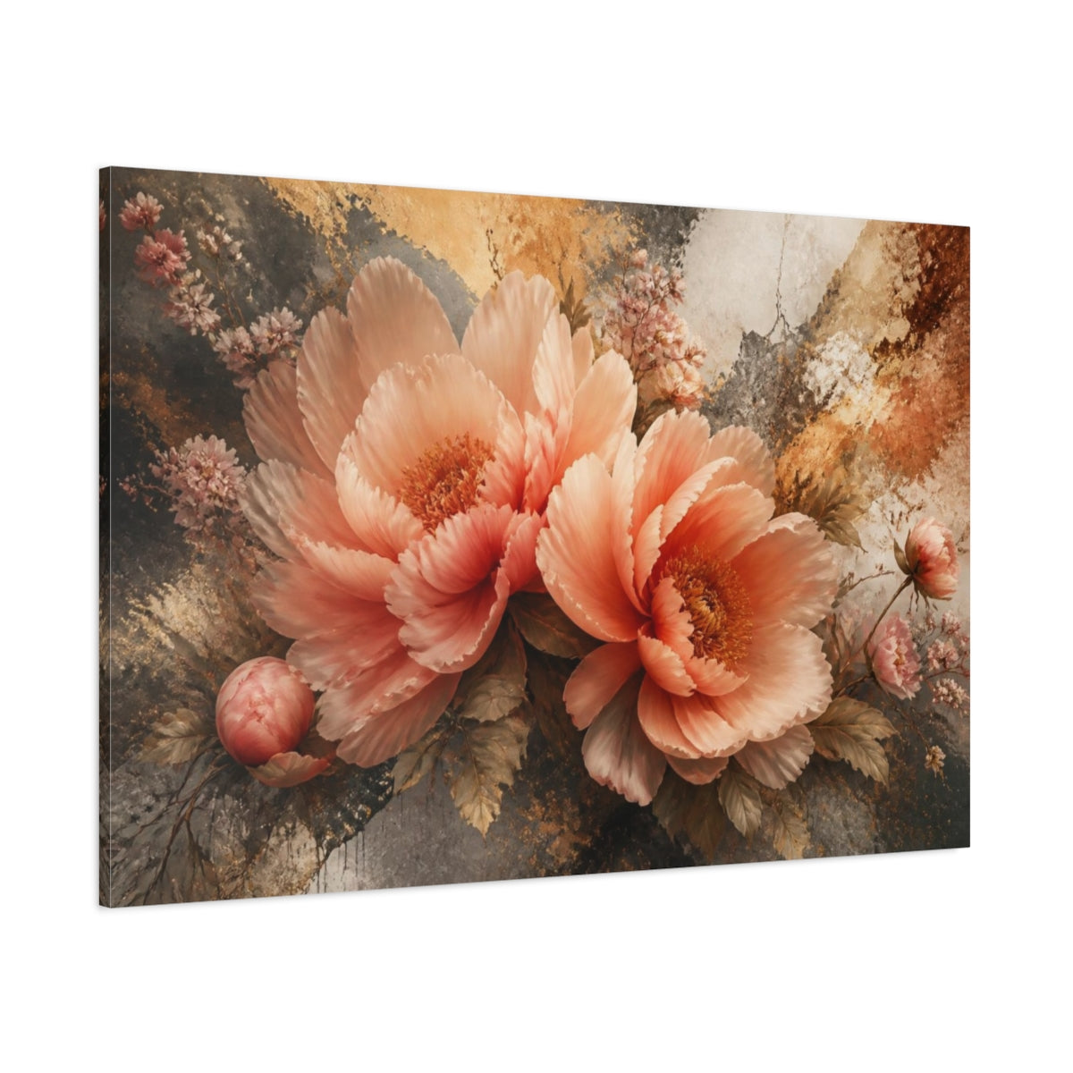Side Mockup 1. Atmospheric Blush Peonies shown as canvas print