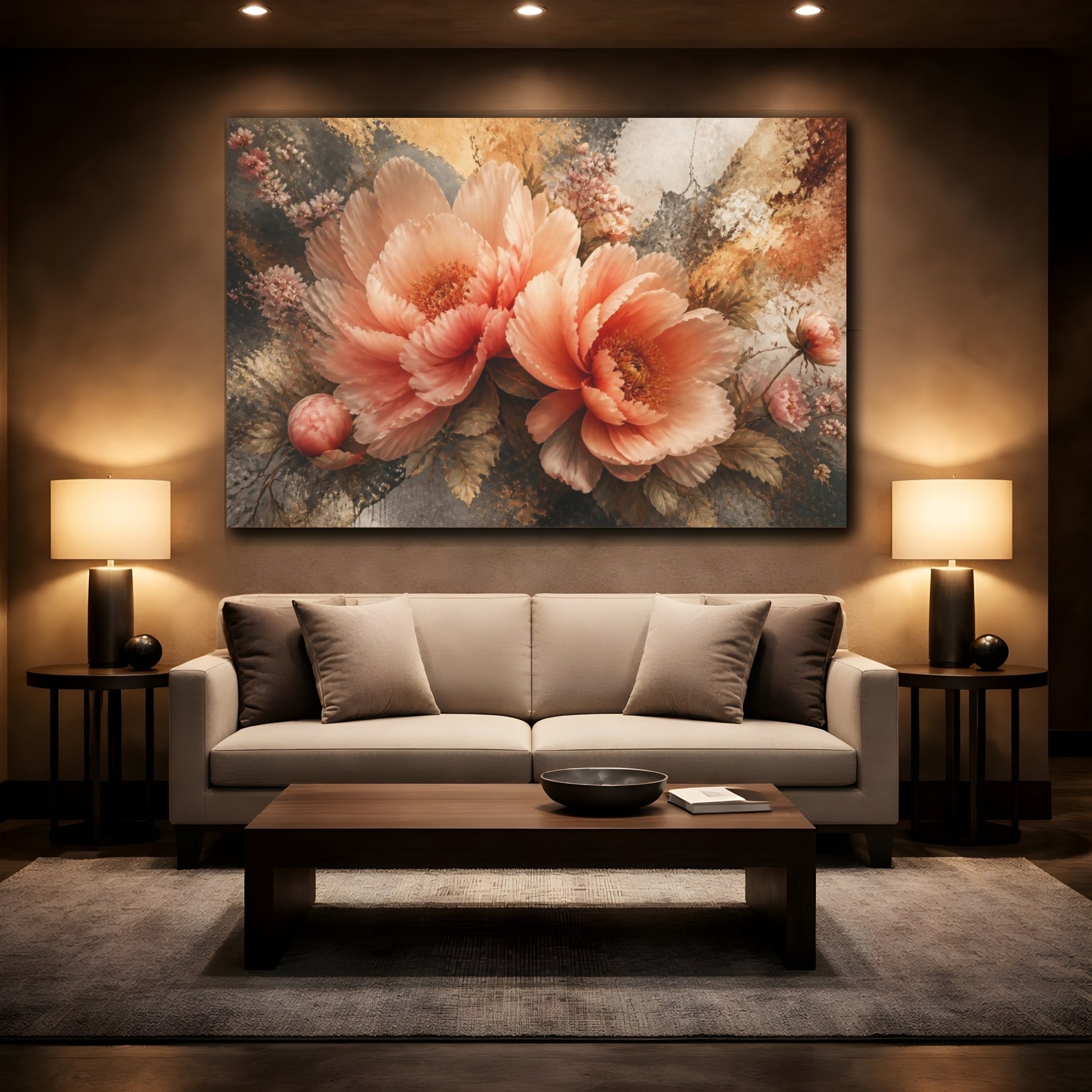 Mockup 2. Atmospheric Blush Peonies shown as canvas print