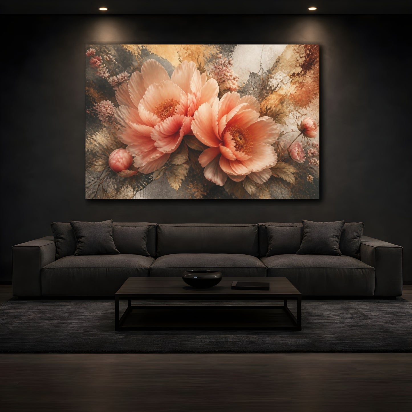 Mockup 3. Atmospheric Blush Peonies shown as canvas print
