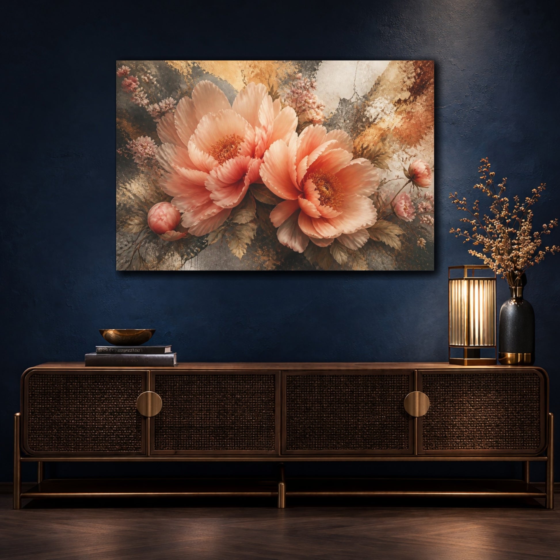 Mockup 4. Atmospheric Blush Peonies shown as canvas print