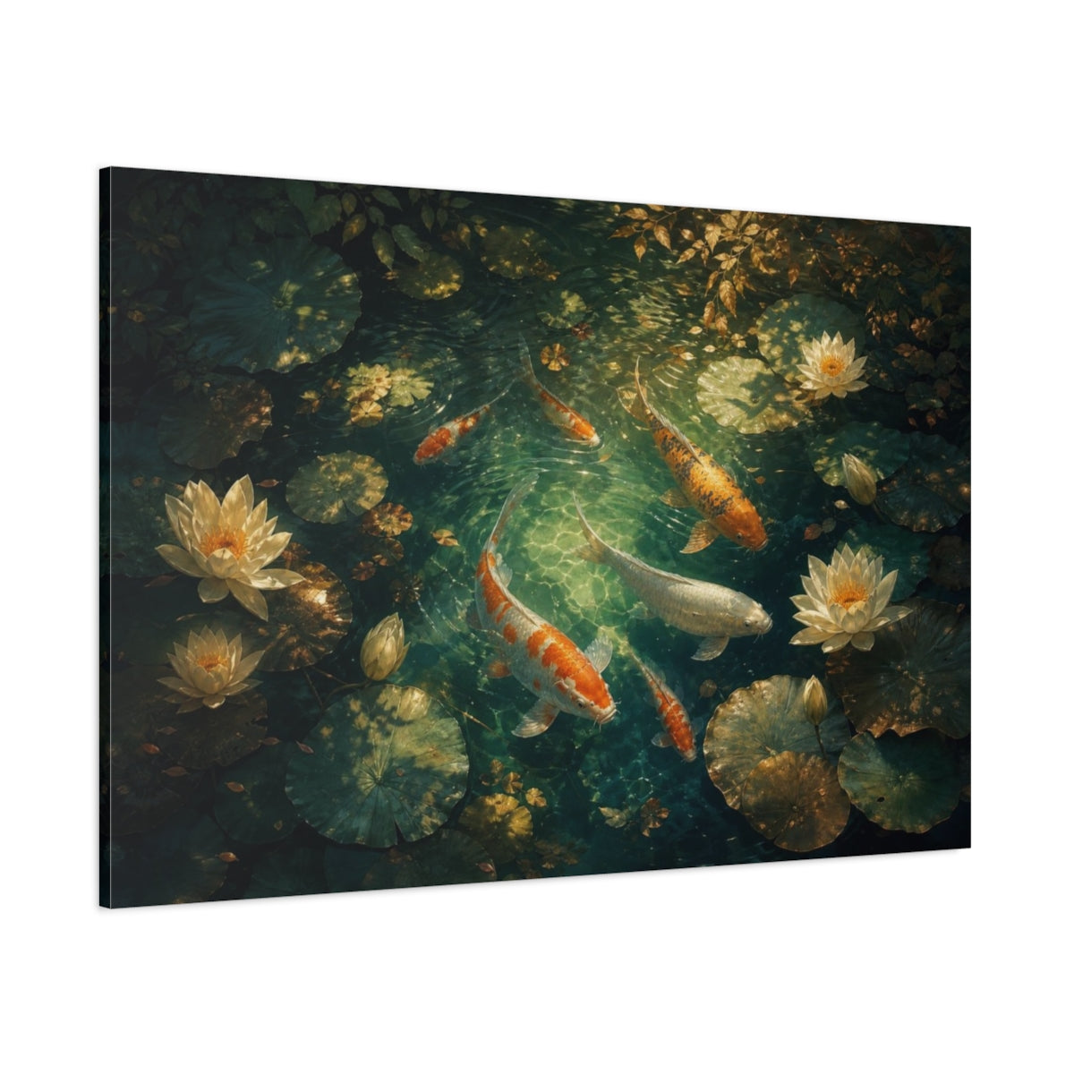 Side Mockup 1. Atmospheric Cinematic Realism Koi Beneath Dappled Pond Shadows And Water Lilies, Jade, Ivory Bronze shown as canvas print
