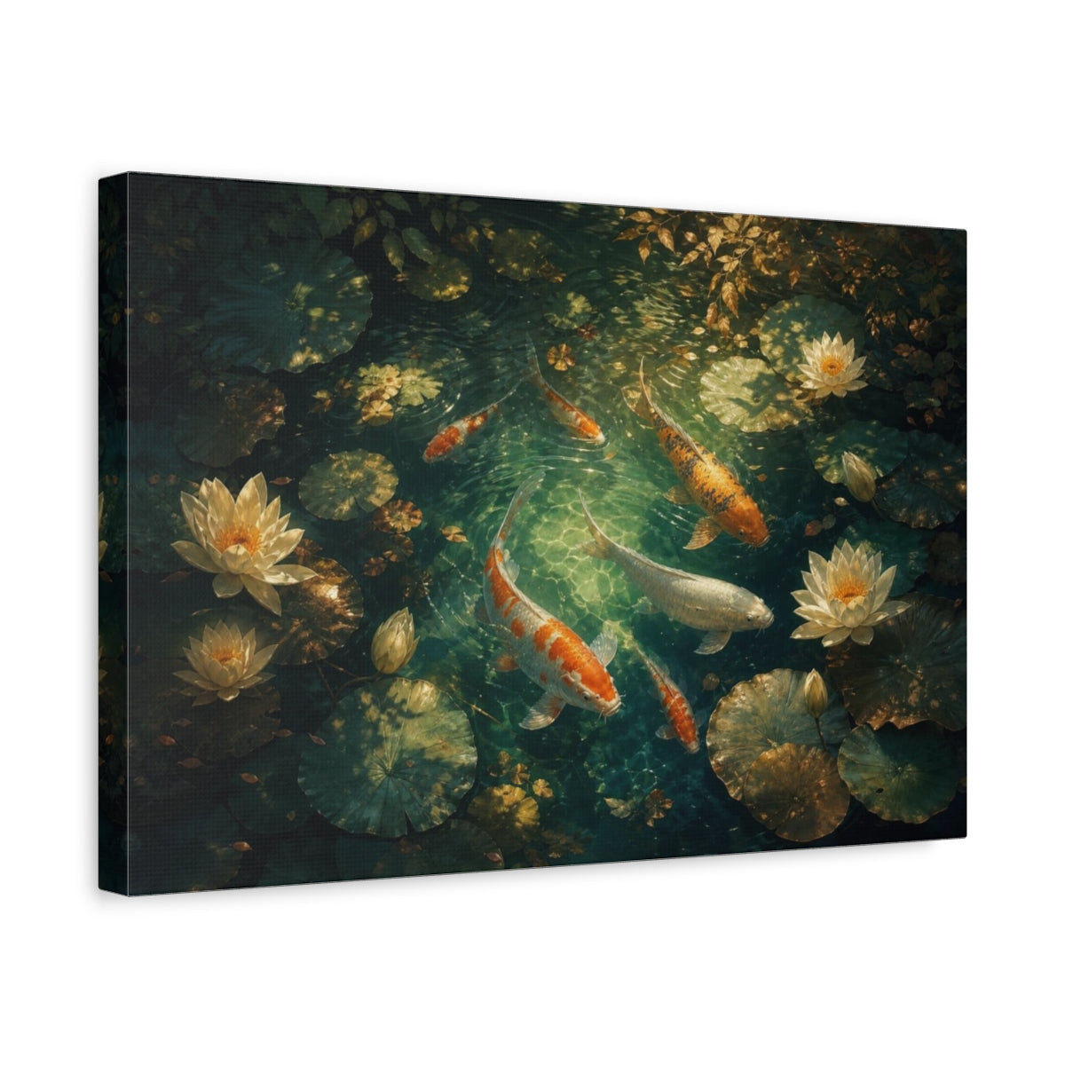 Side Mockup 4. Atmospheric Cinematic Realism Koi Beneath Dappled Pond Shadows And Water Lilies, Jade, Ivory Bronze shown as canvas print