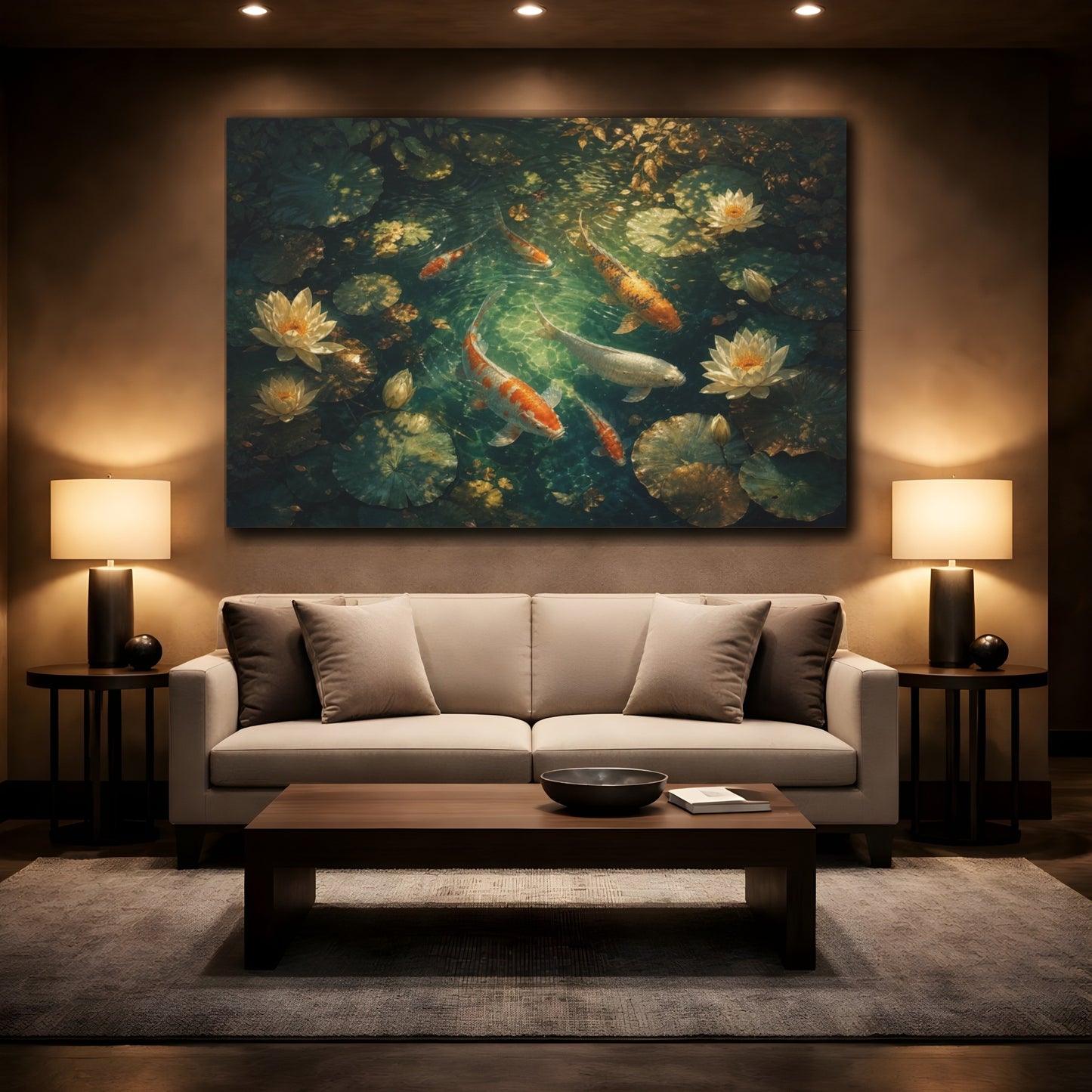 Mockup 2. Atmospheric Cinematic Realism Koi Beneath Dappled Pond Shadows And Water Lilies, Jade, Ivory Bronze shown as canvas print