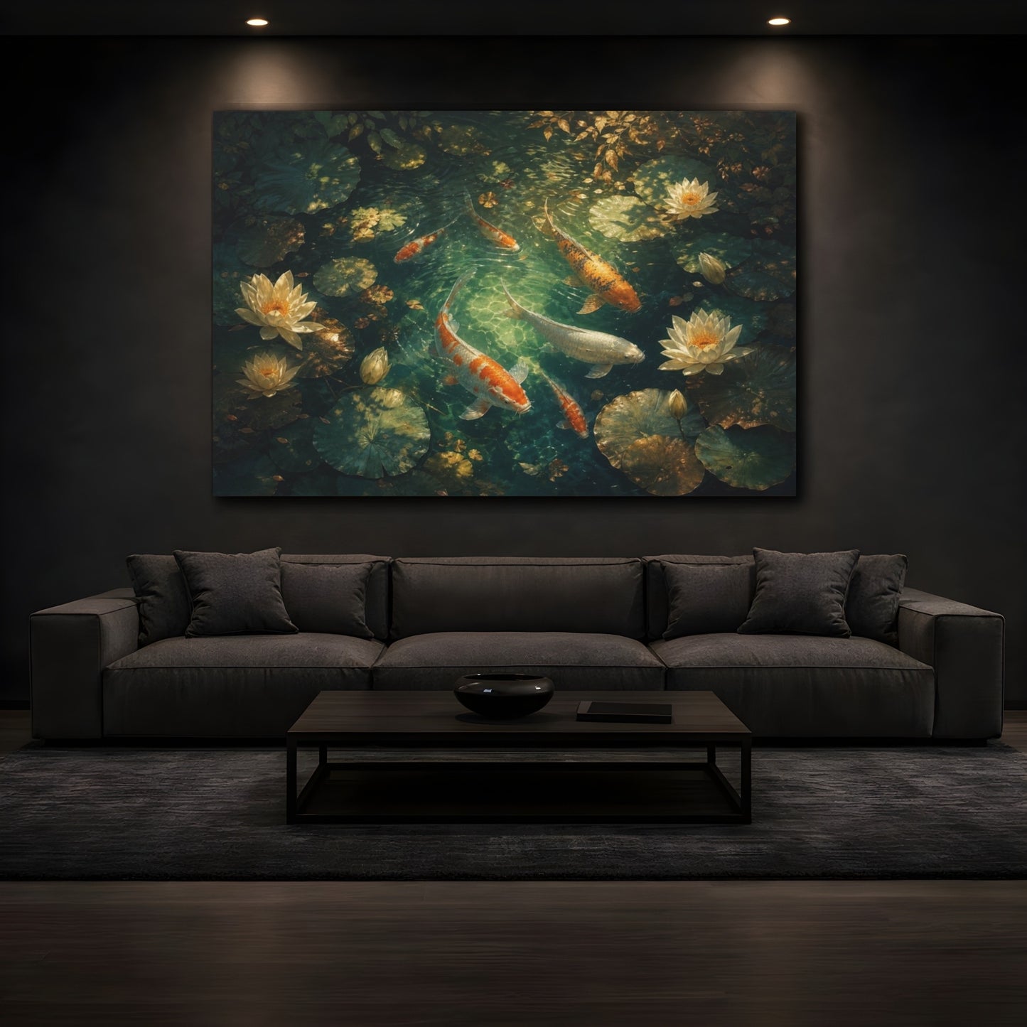 Mockup 3. Atmospheric Cinematic Realism Koi Beneath Dappled Pond Shadows And Water Lilies, Jade, Ivory Bronze shown as canvas print