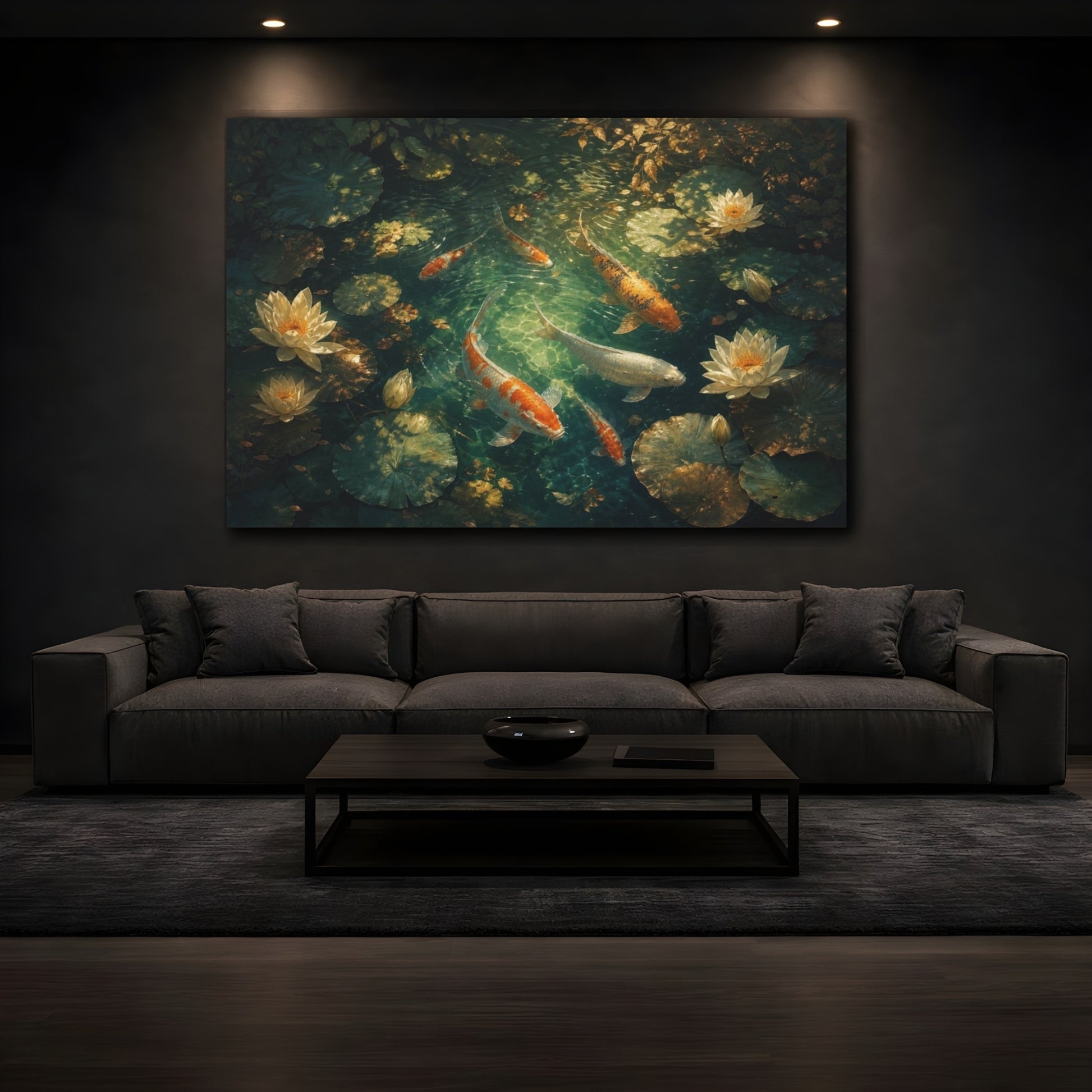 Mockup 3. Atmospheric Cinematic Realism Koi Beneath Dappled Pond Shadows And Water Lilies, Jade, Ivory Bronze shown as canvas print