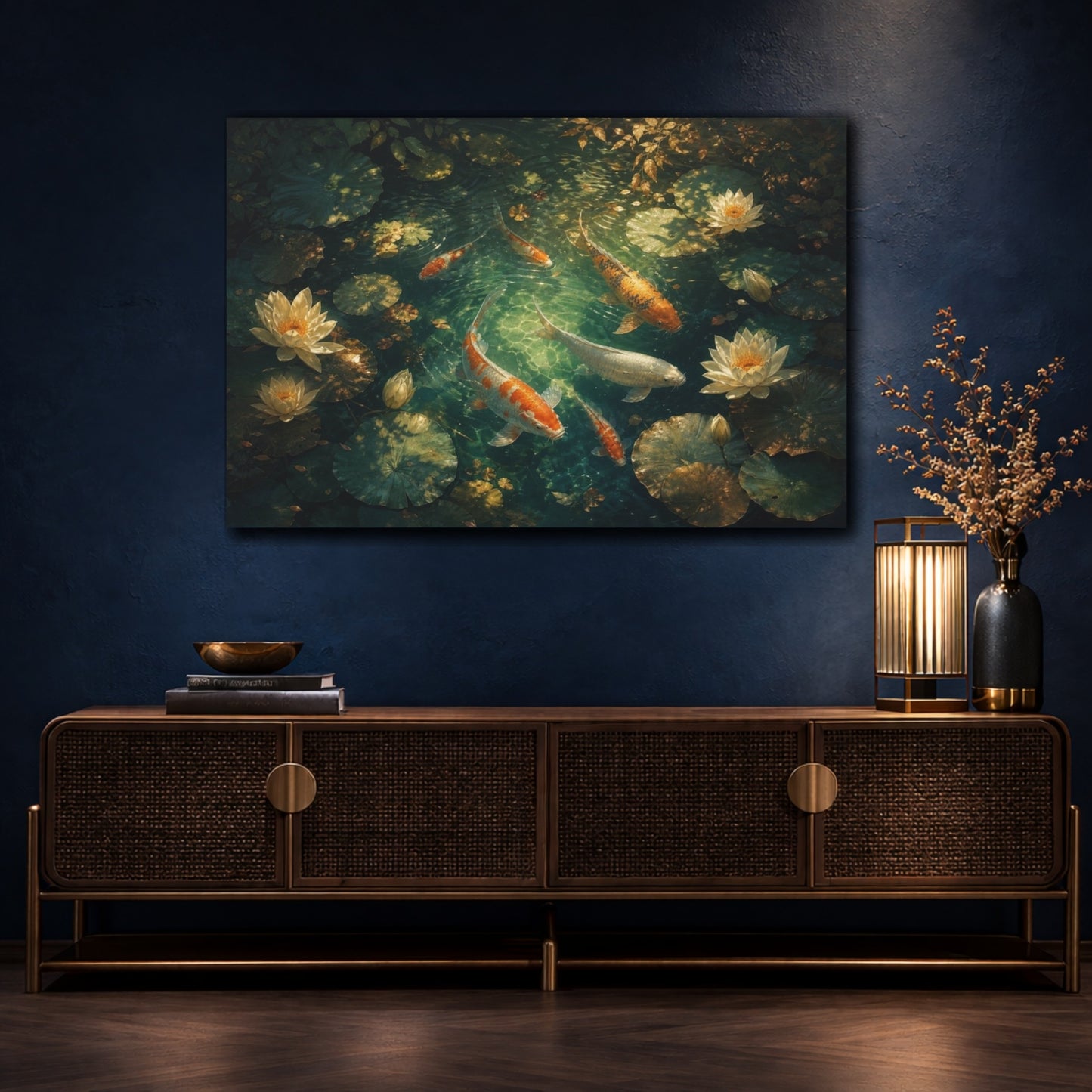 Mockup 4. Atmospheric Cinematic Realism Koi Beneath Dappled Pond Shadows And Water Lilies, Jade, Ivory Bronze shown as canvas print