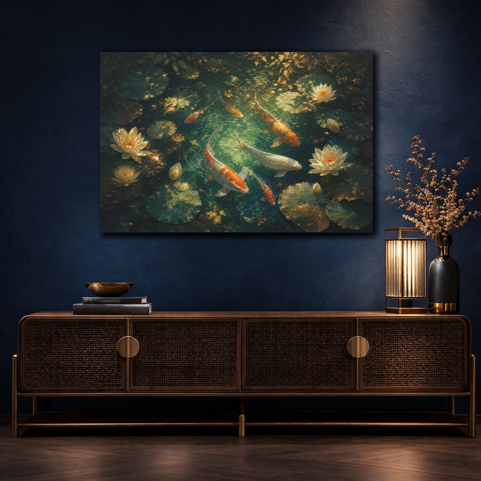Mockup 4. Atmospheric Cinematic Realism Koi Beneath Dappled Pond Shadows And Water Lilies, Jade, Ivory Bronze shown as canvas print