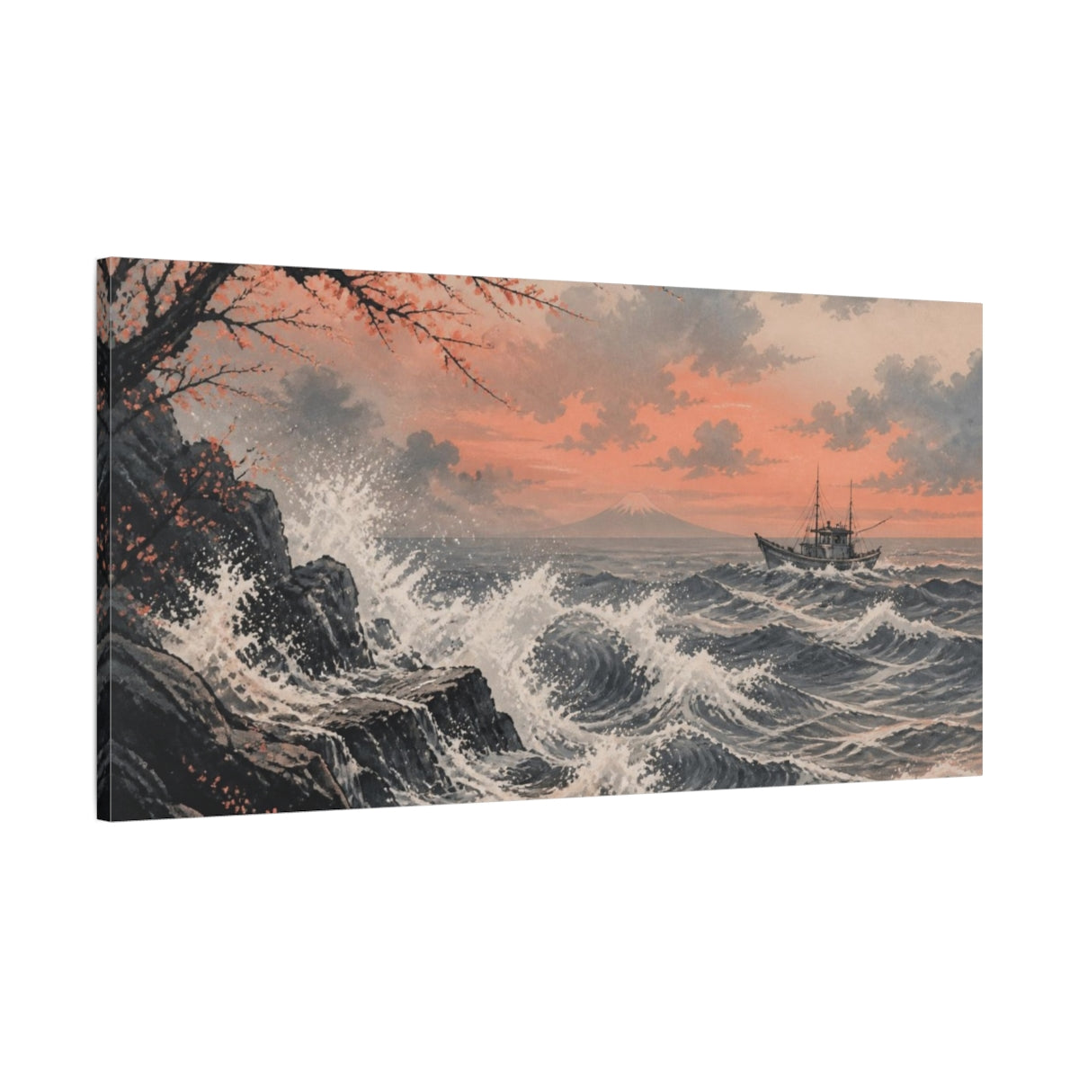 Main Mockup. Atmospheric Ink Wash Foam Curling Around A Distant Fishing Boat, Slate And Muted Coral Palette shown as canvas print