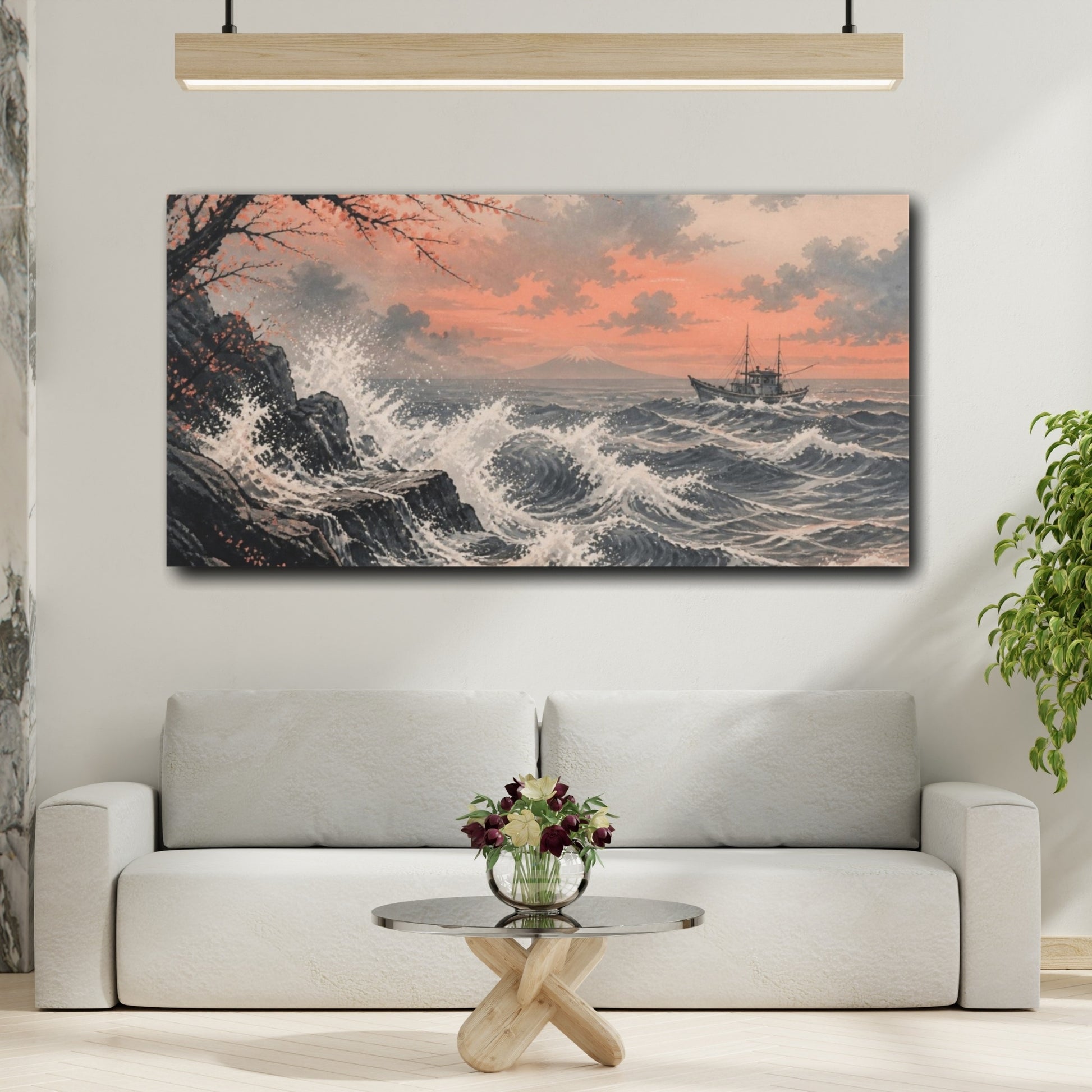 Mockup 2. Atmospheric Ink Wash Foam Curling Around A Distant Fishing Boat, Slate And Muted Coral Palette shown as canvas print
