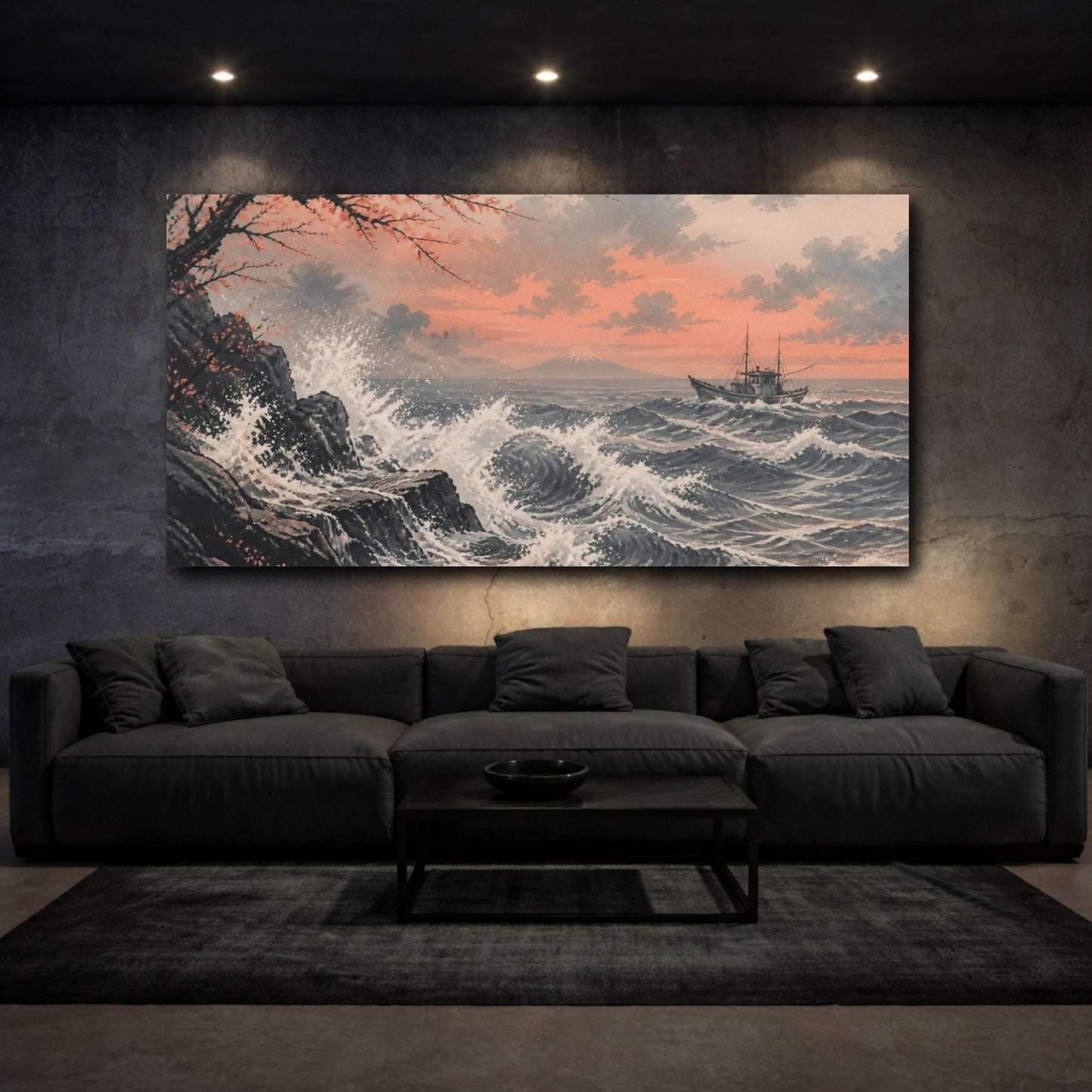 Mockup 3. Atmospheric Ink Wash Foam Curling Around A Distant Fishing Boat, Slate And Muted Coral Palette shown as canvas print