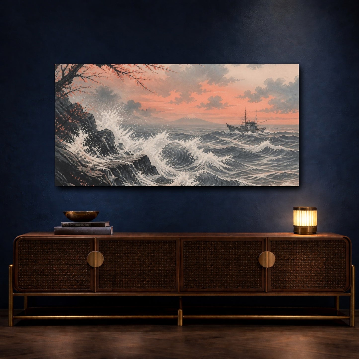 Mockup 4. Atmospheric Ink Wash Foam Curling Around A Distant Fishing Boat, Slate And Muted Coral Palette shown as canvas print