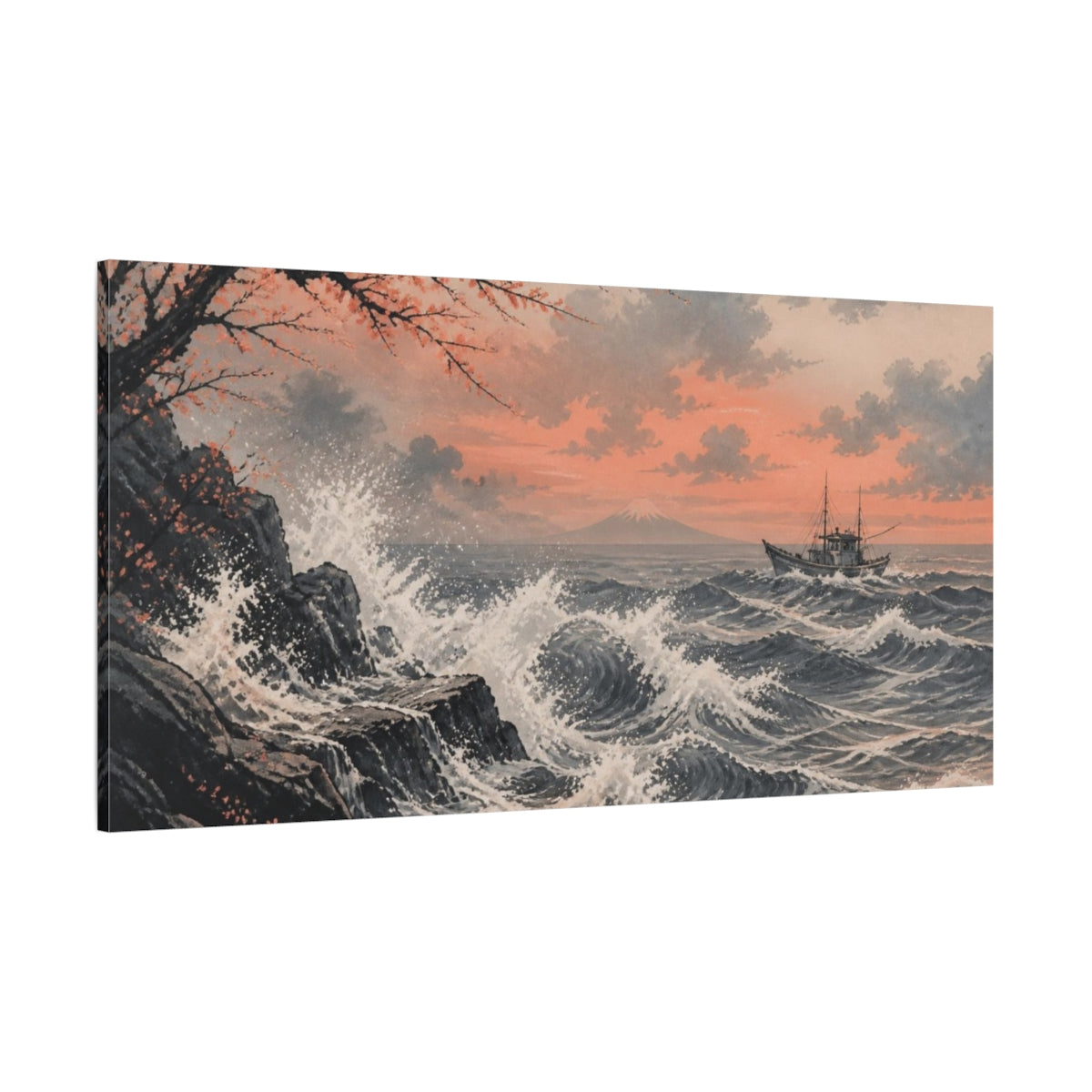 Side Mockup 2. Atmospheric Ink Wash Foam Curling Around A Distant Fishing Boat, Slate And Muted Coral Palette shown as canvas print