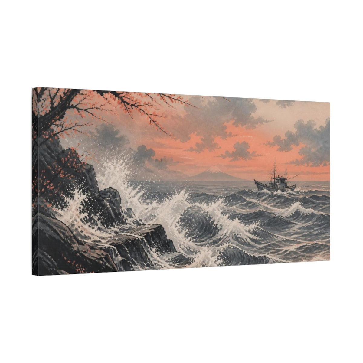 Side Mockup 1. Atmospheric Ink Wash Foam Curling Around A Distant Fishing Boat, Slate And Muted Coral Palette shown as canvas print