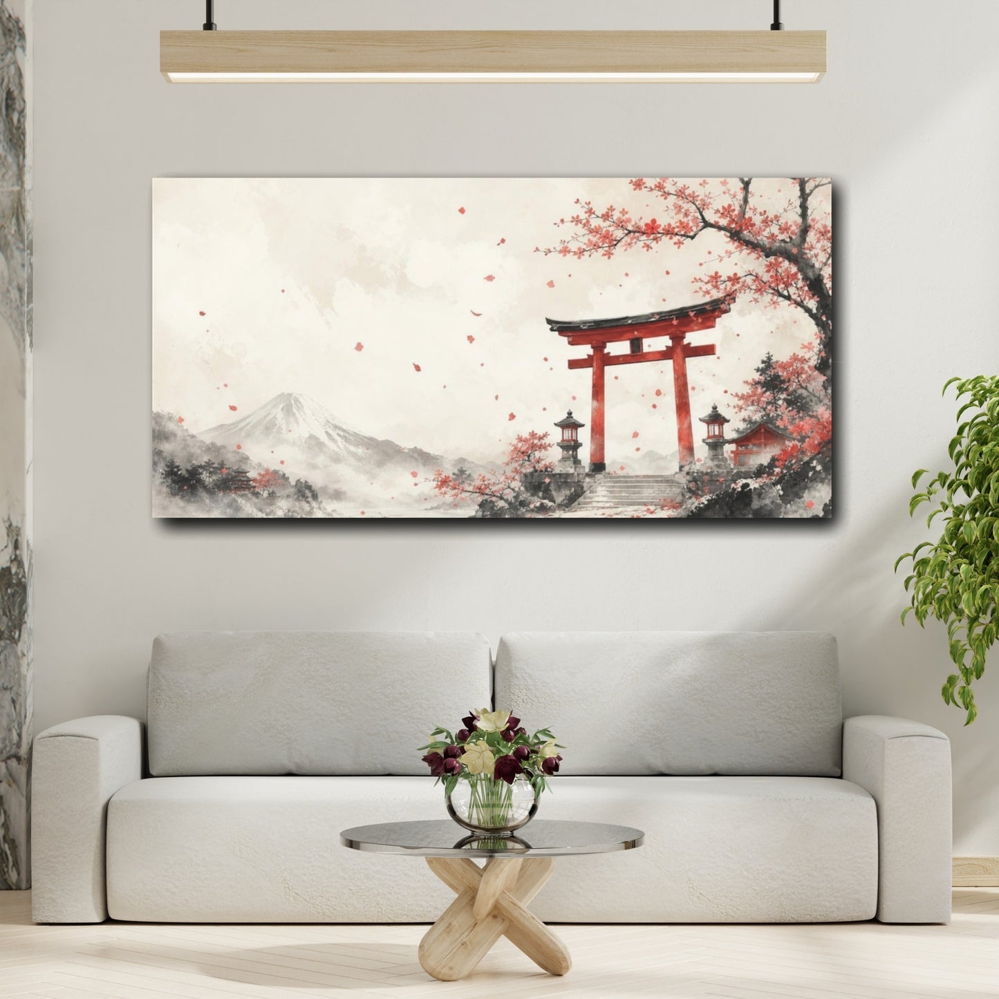 Mockup 2. Atmospheric Ink Wash Mountain Shrine Gate Beneath Falling Plum Petals, Ivory And Cinnabar shown as canvas print