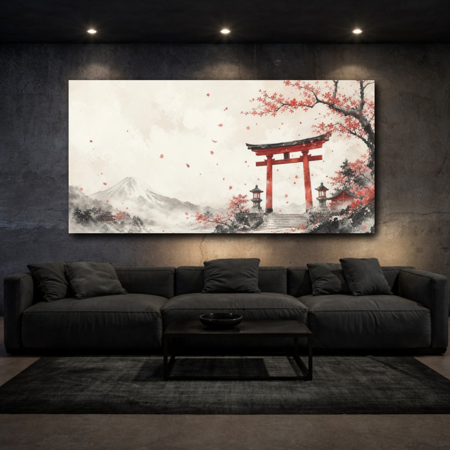 Mockup 3. Atmospheric Ink Wash Mountain Shrine Gate Beneath Falling Plum Petals, Ivory And Cinnabar shown as canvas print