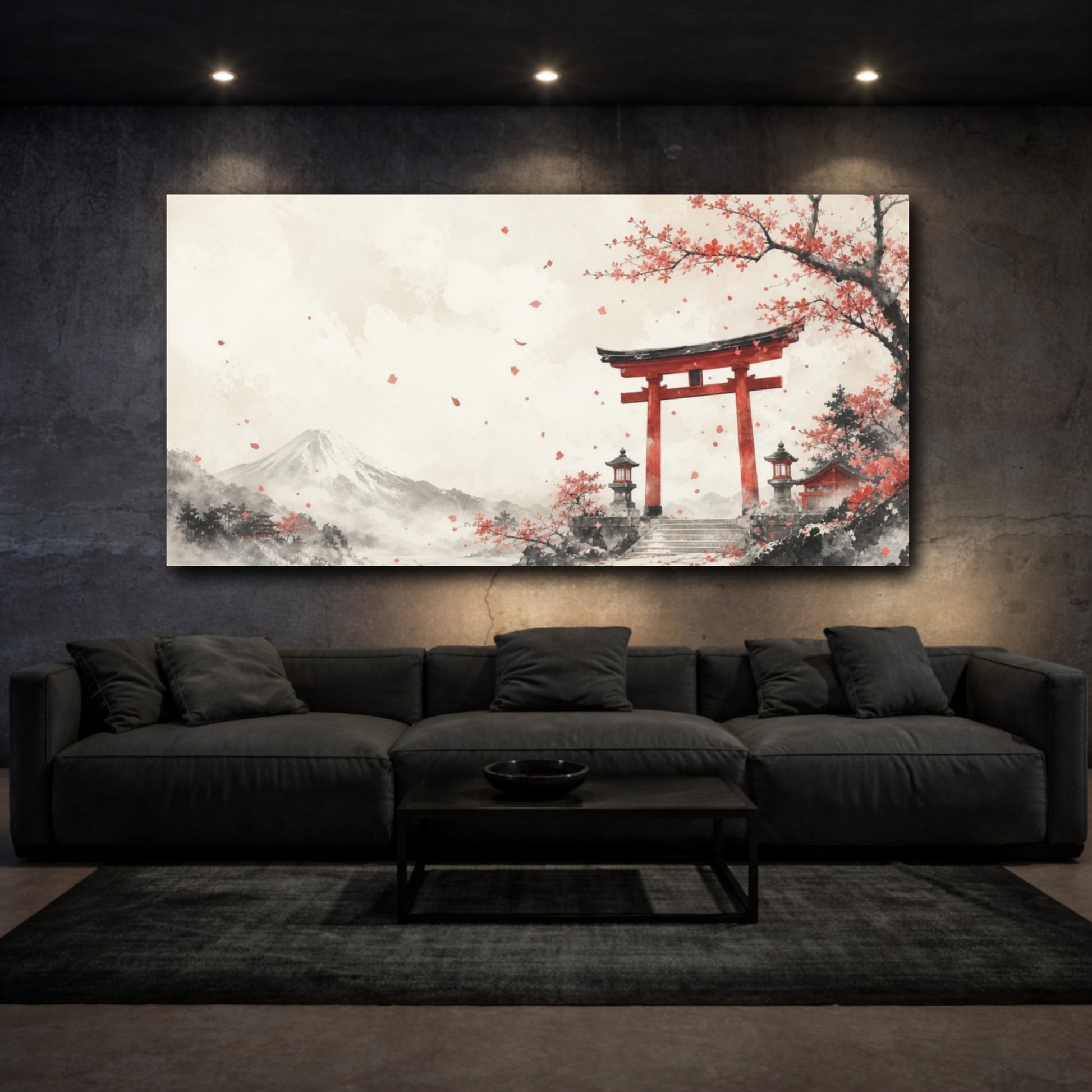 Mockup 3. Atmospheric Ink Wash Mountain Shrine Gate Beneath Falling Plum Petals, Ivory And Cinnabar shown as canvas print