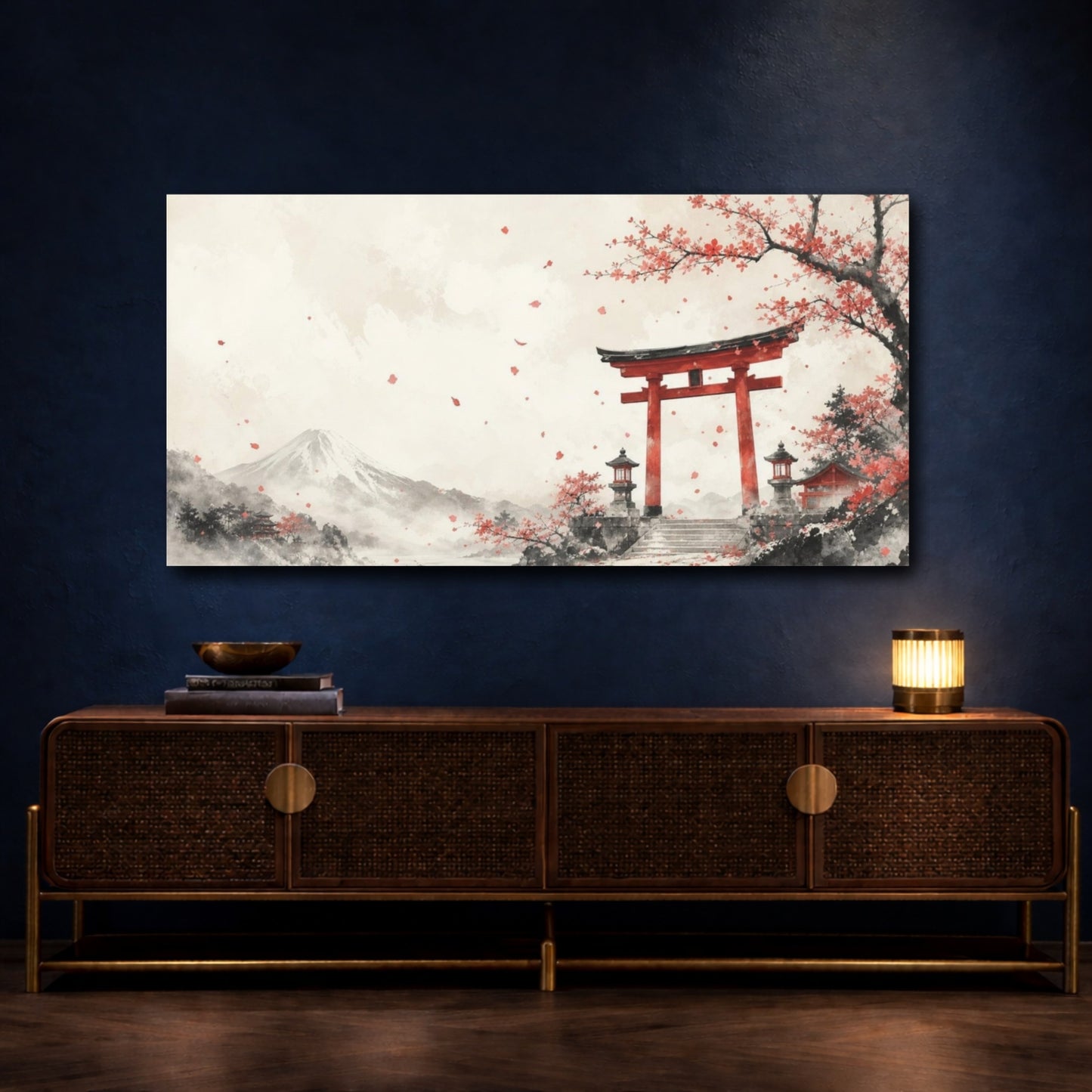 Mockup 4. Atmospheric Ink Wash Mountain Shrine Gate Beneath Falling Plum Petals, Ivory And Cinnabar shown as canvas print