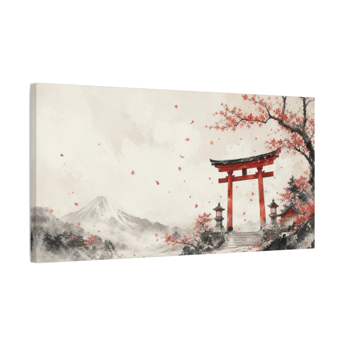 Side Mockup 1. Atmospheric Ink Wash Mountain Shrine Gate Beneath Falling Plum Petals, Ivory And Cinnabar shown as canvas print