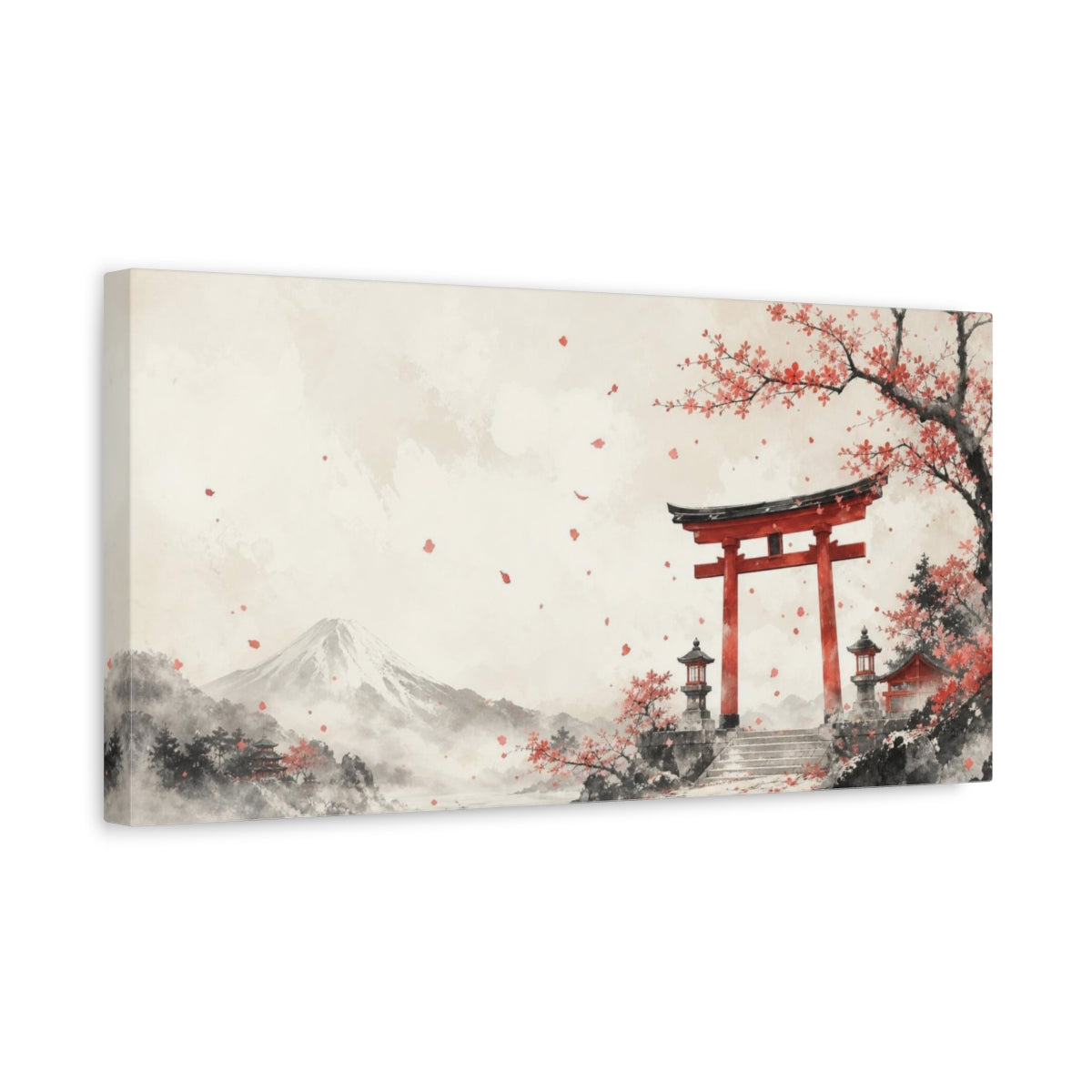Side Mockup 3. Atmospheric Ink Wash Mountain Shrine Gate Beneath Falling Plum Petals, Ivory And Cinnabar shown as canvas print