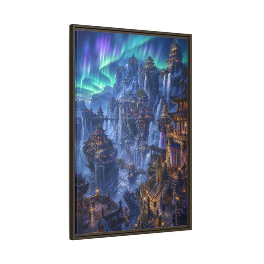 Main Mockup. Aurora Cliff Temples shown as framed canvas print