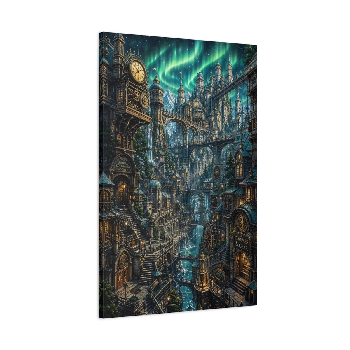 Main Mockup. Aurora Clockwork City shown as canvas print