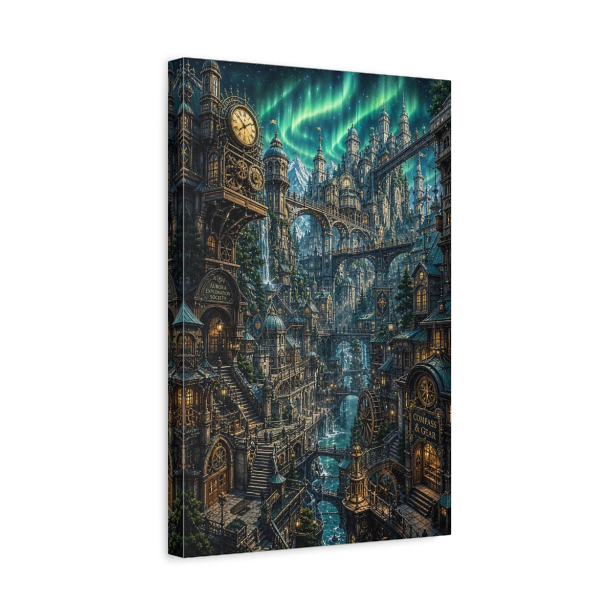 Side Mockup 4. Aurora Clockwork City shown as canvas print