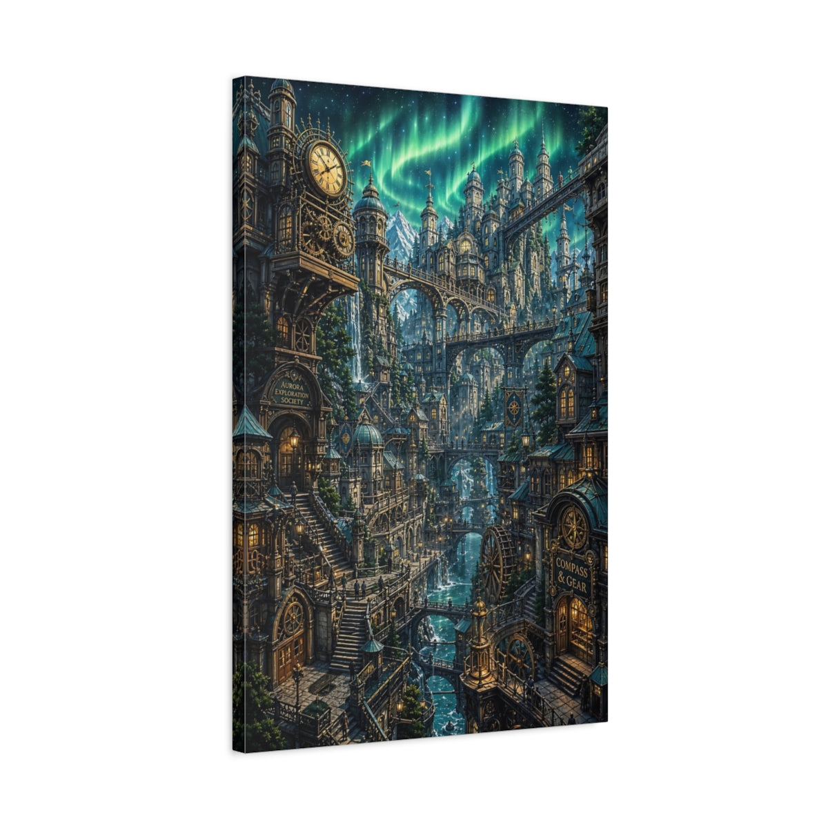 Side Mockup 2. Aurora Clockwork City shown as canvas print