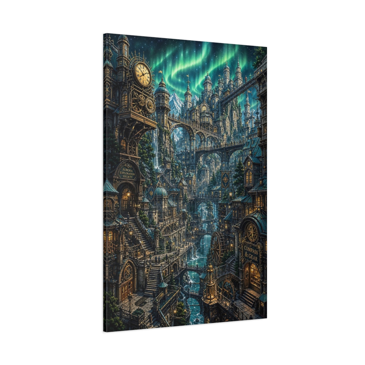 Side Mockup 1. Aurora Clockwork City shown as canvas print
