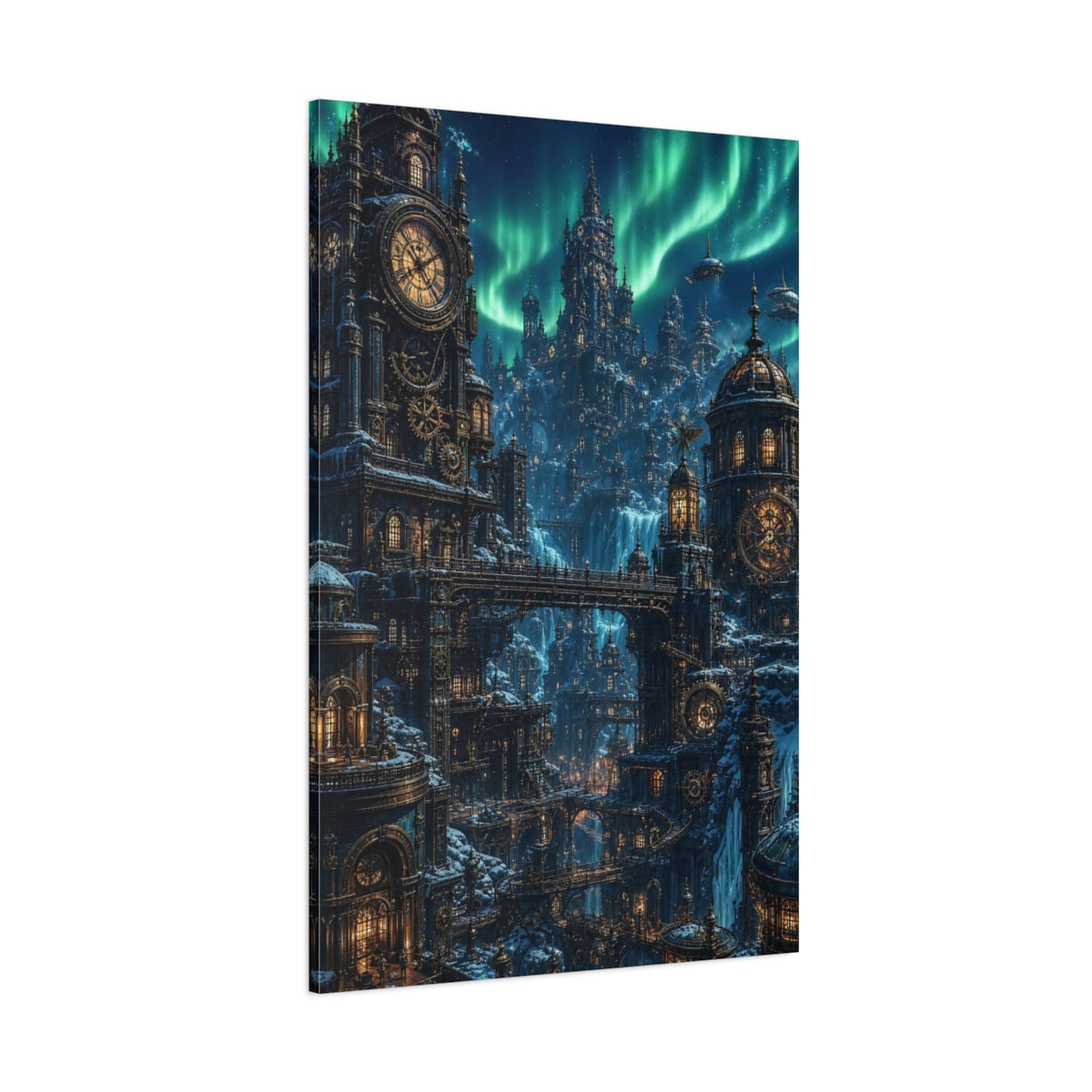 Side Mockup 1. Aurora Clockwork City shown as canvas print