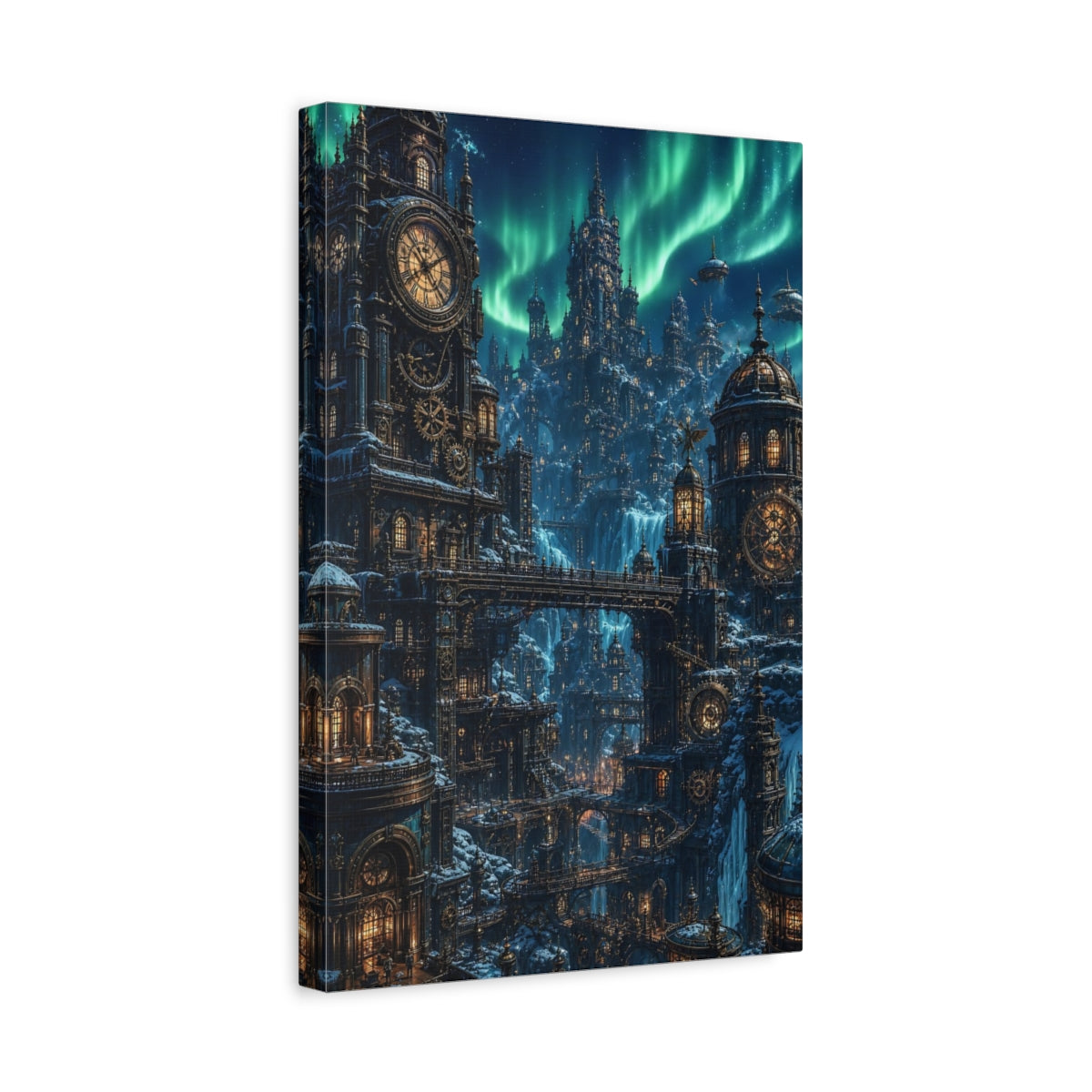 Side Mockup 4. Aurora Clockwork City shown as canvas print
