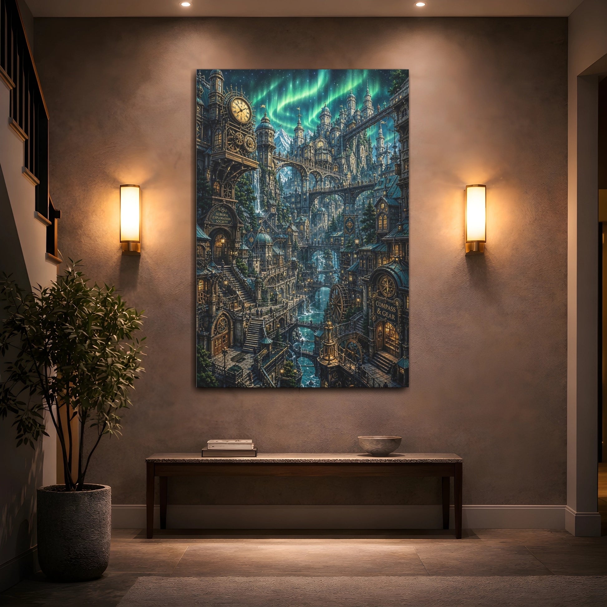 Mockup 2. Aurora Clockwork City shown as canvas print