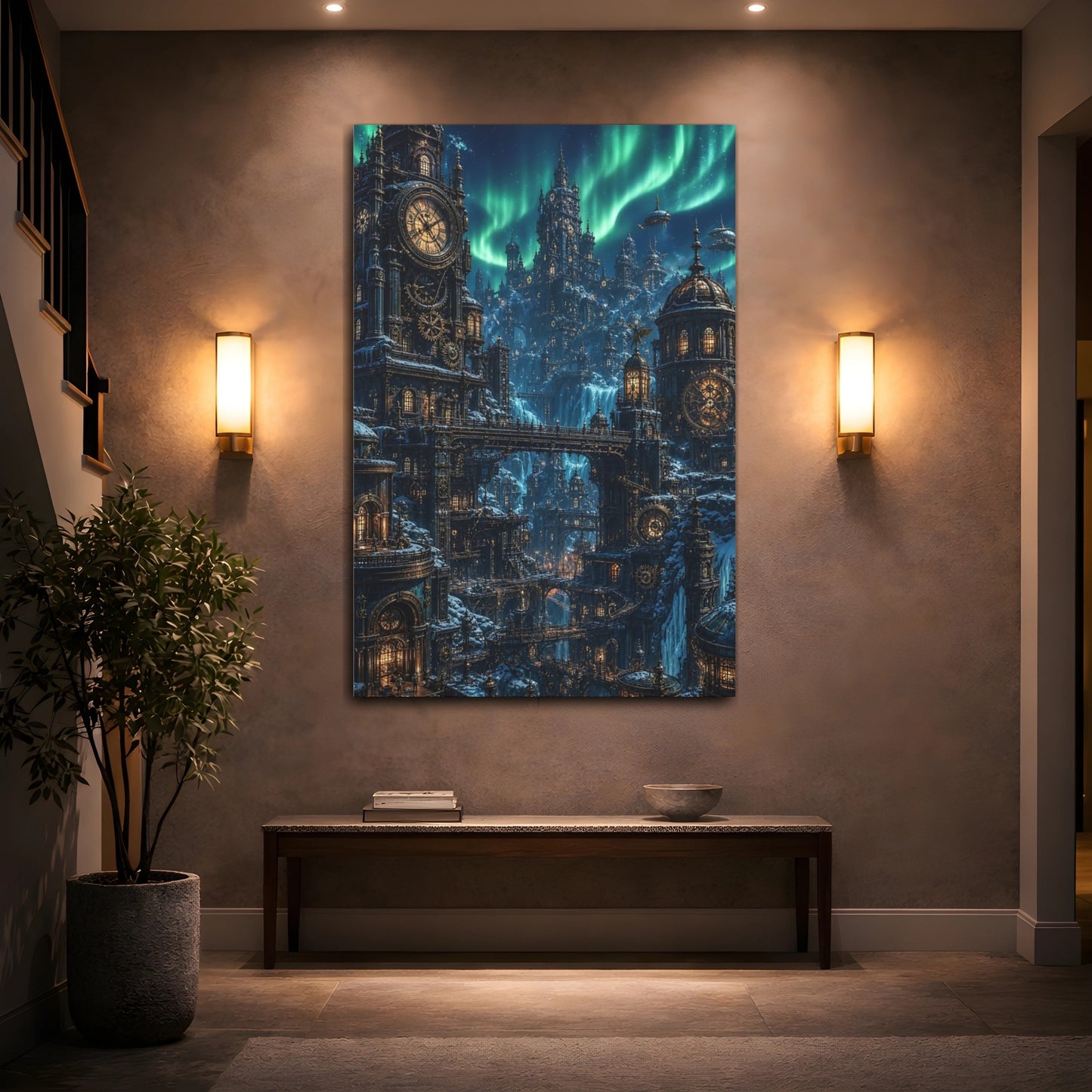 Mockup 2. Aurora Clockwork City shown as canvas print