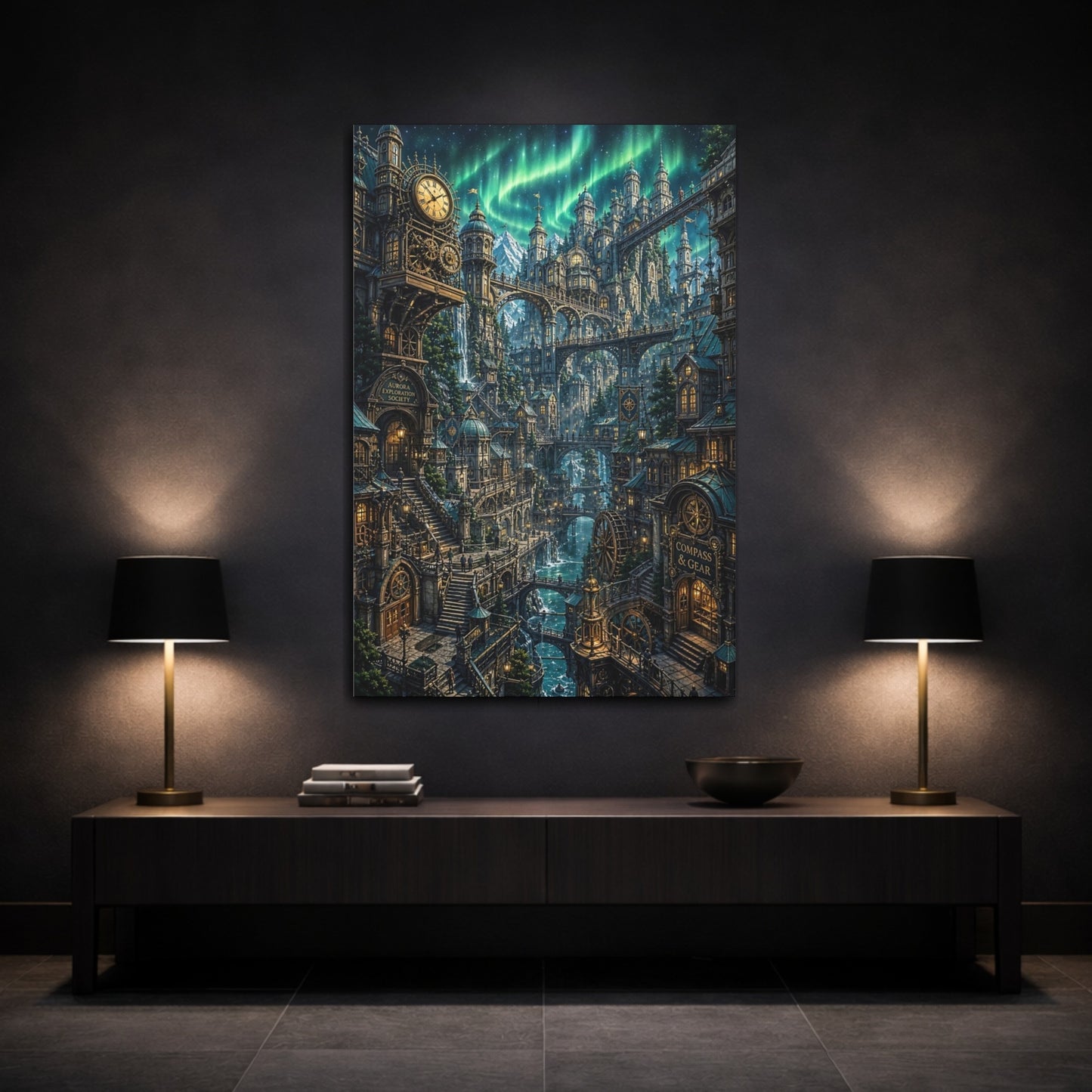 Mockup 3. Aurora Clockwork City shown as canvas print