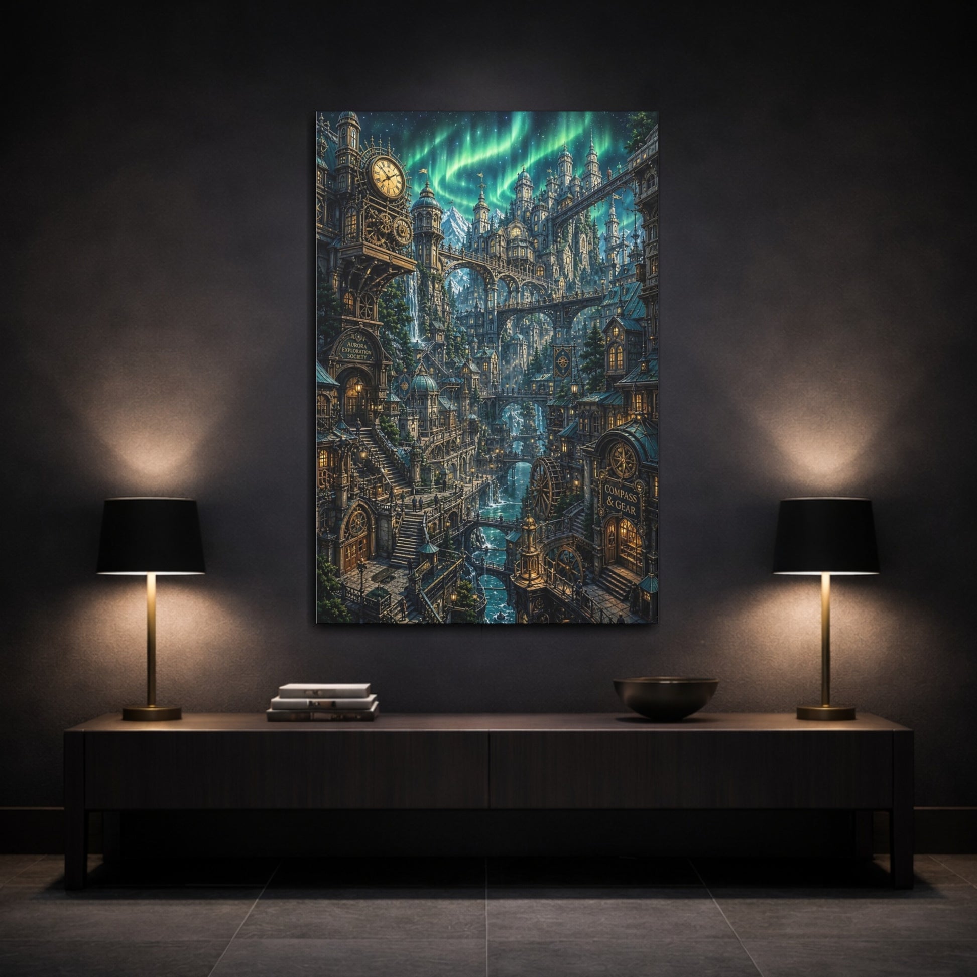 Mockup 3. Aurora Clockwork City shown as canvas print
