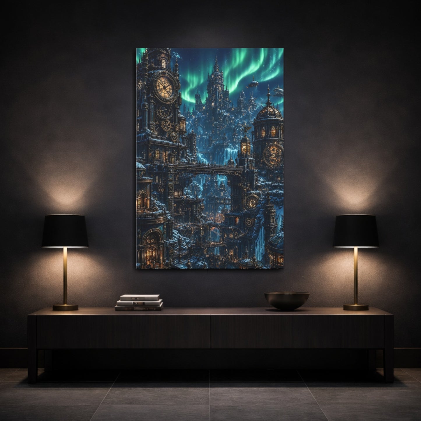 Mockup 3. Aurora Clockwork City shown as canvas print