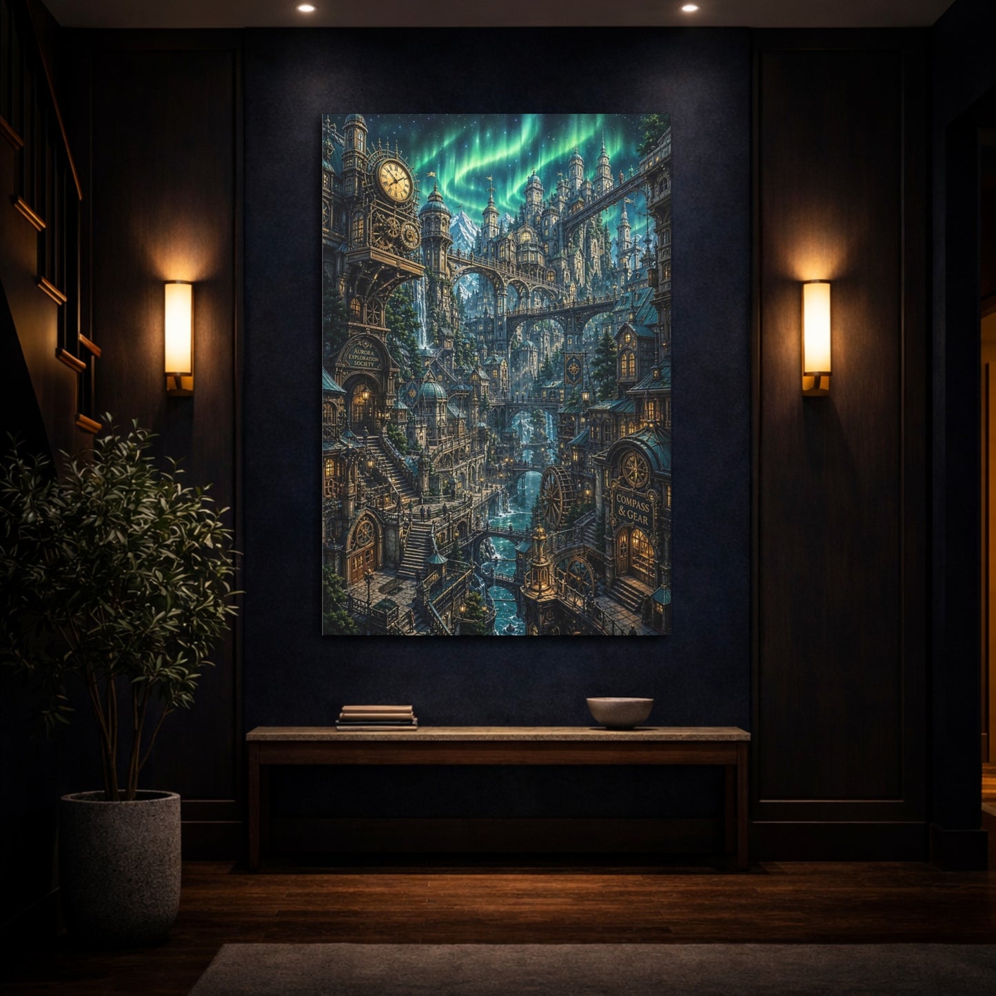Mockup 4. Aurora Clockwork City shown as canvas print