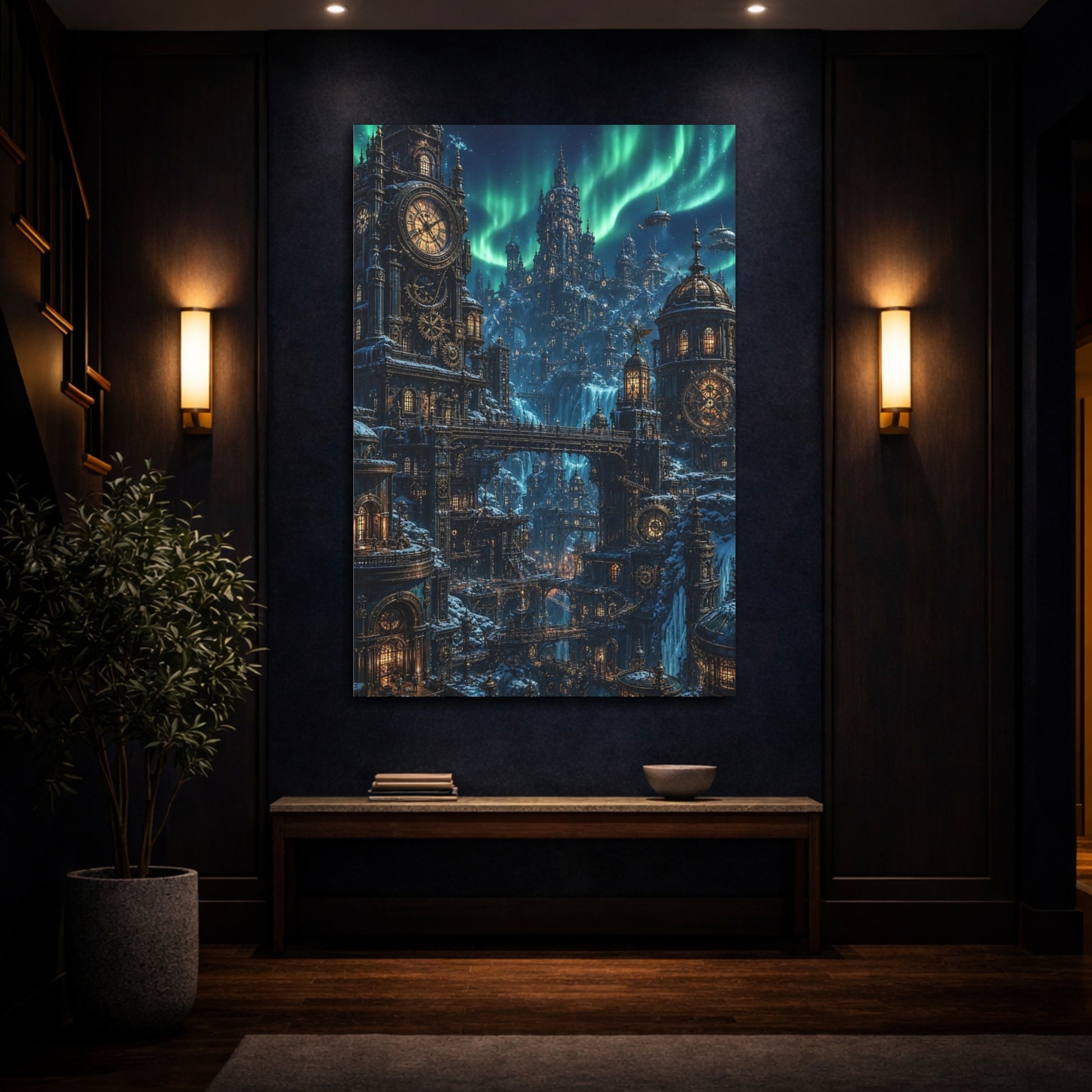 Mockup 4. Aurora Clockwork City shown as canvas print