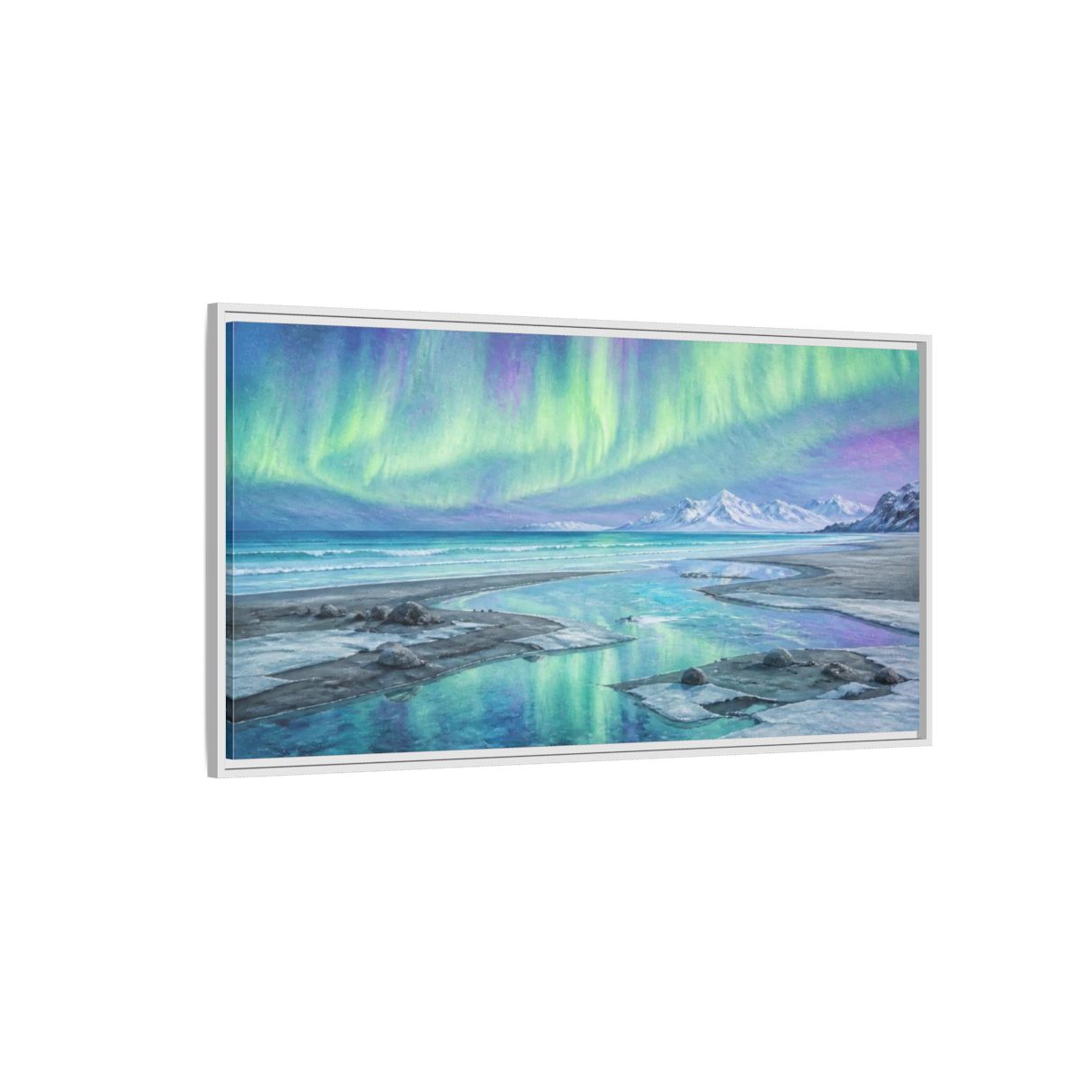 Side Mockup 3. Aurora Coastal Beach shown as framed canvas print