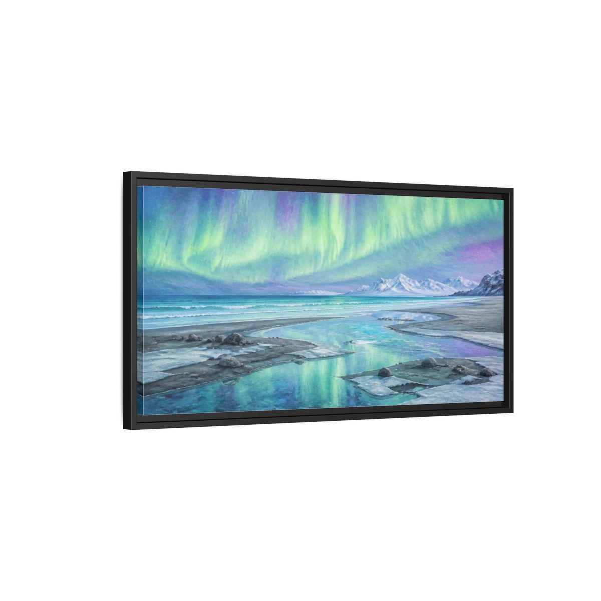 Side Mockup 2. Aurora Coastal Beach shown as framed canvas print