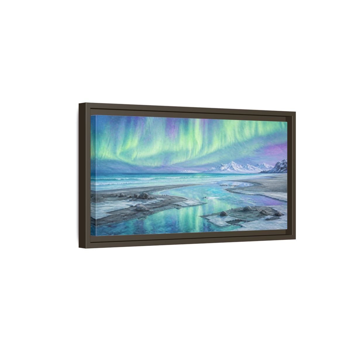 Side Mockup 7. Aurora Coastal Beach shown as framed canvas print